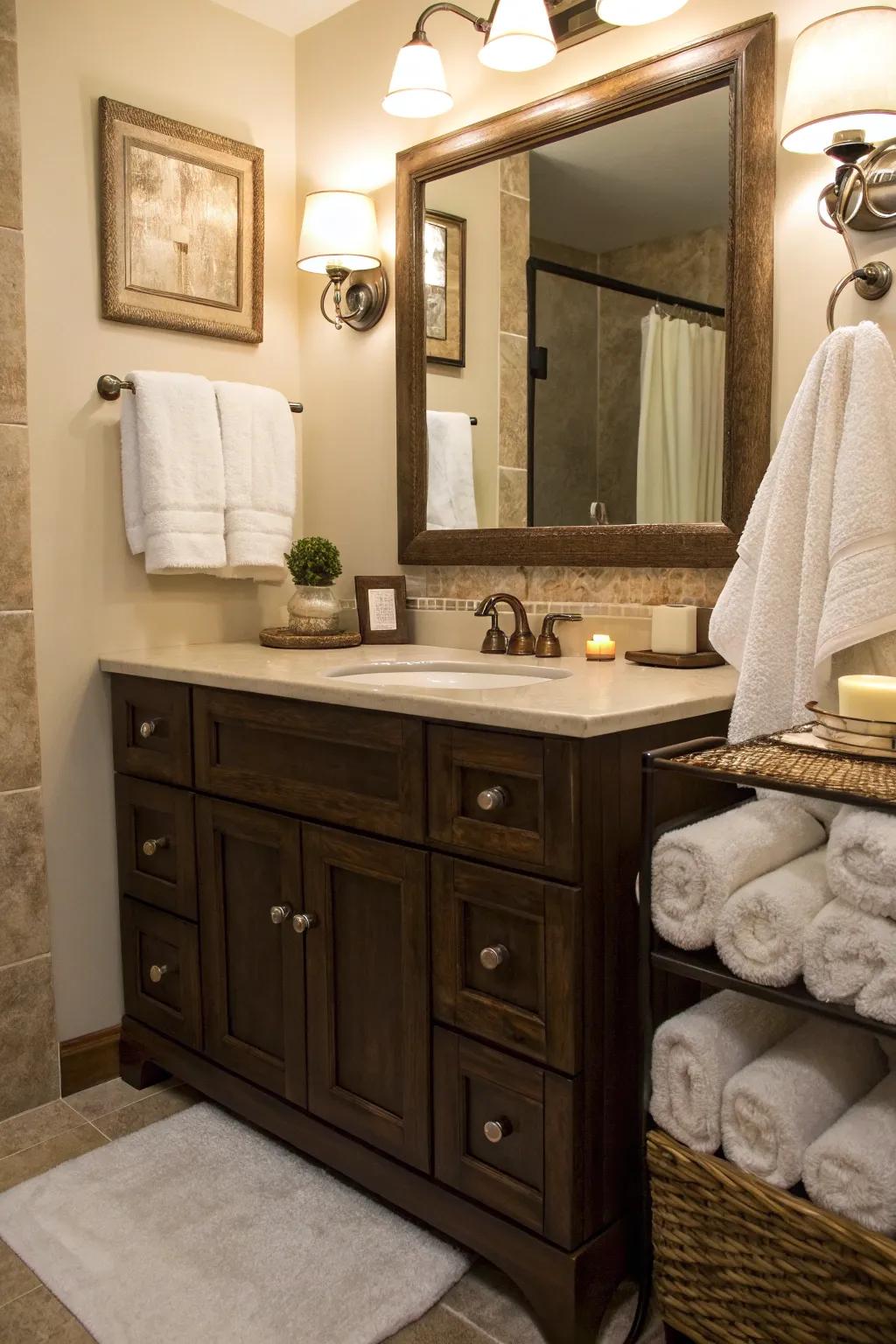 Delicate linens enrich a bathroom with snug textures featuring a deep cocoa dressing table.