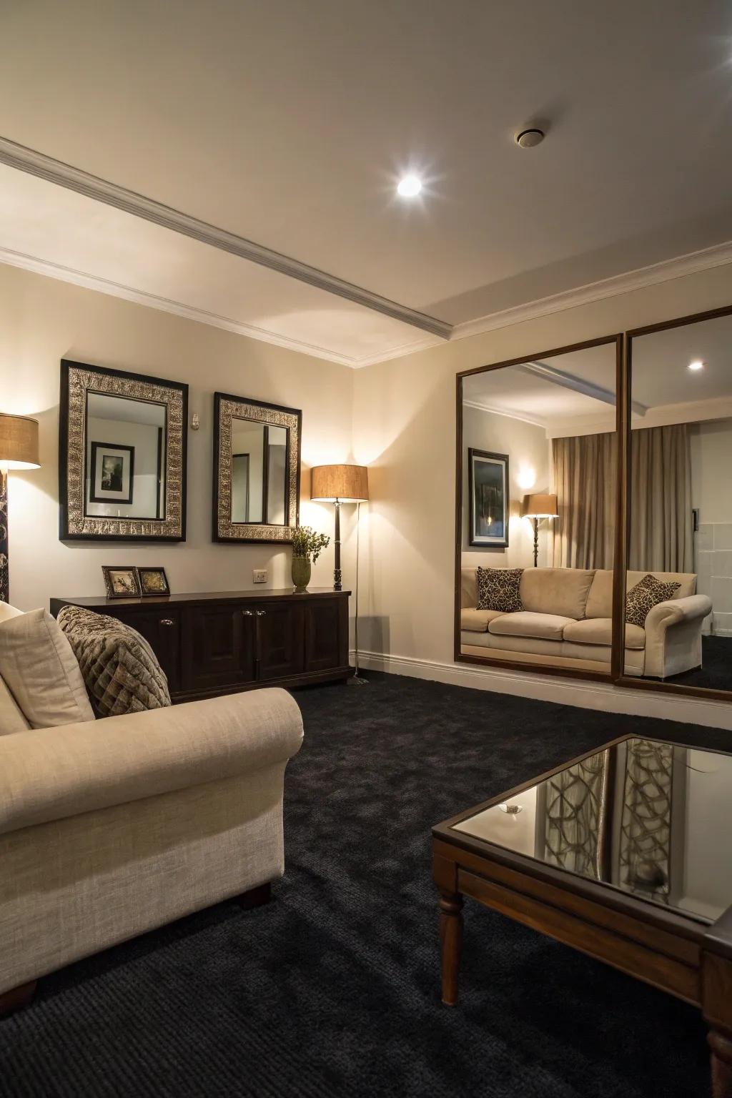 Reflective surfaces brighten a space with dark-toned floor covering.