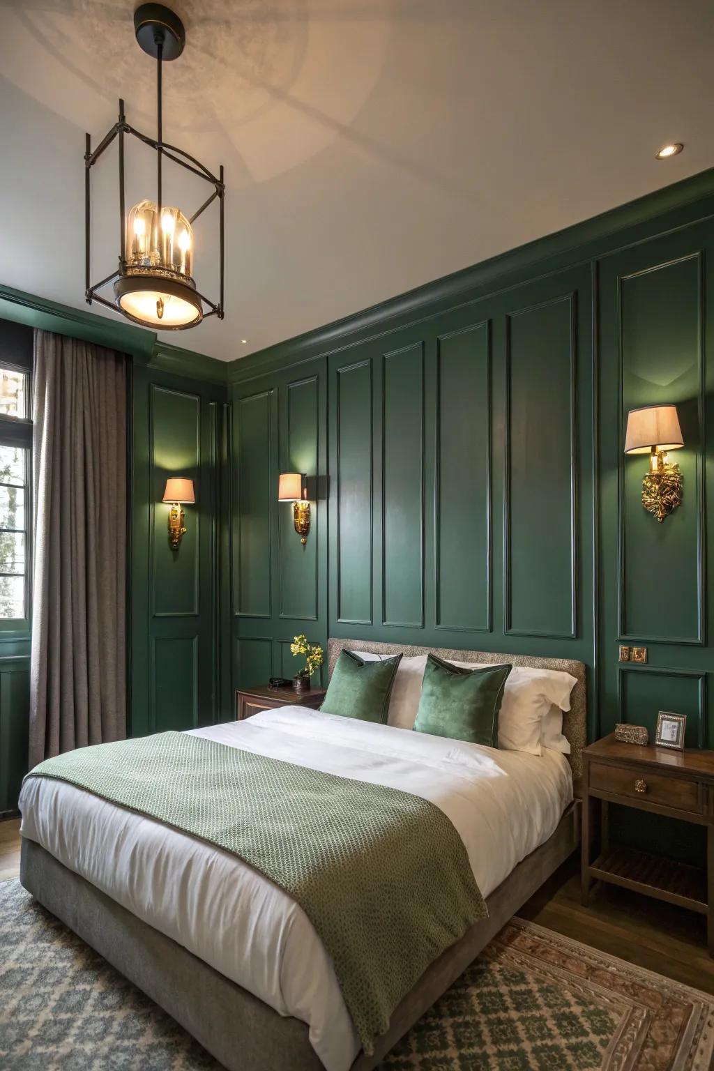 A bedroom via shaded-green walls and sage green illumination components creating a soothing glow.