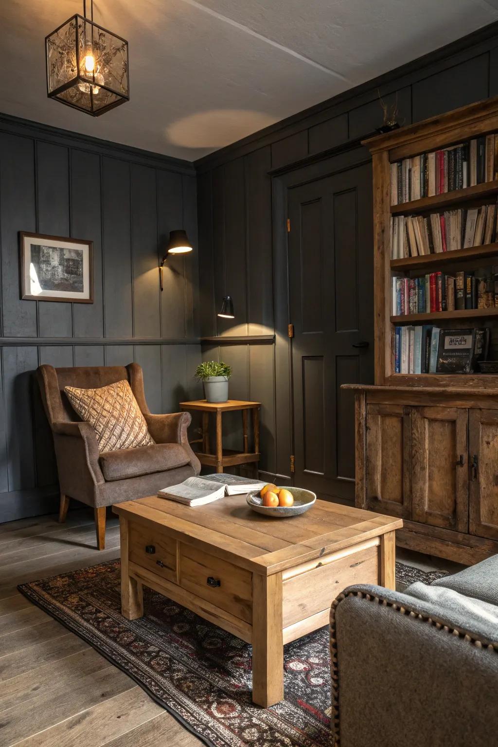 Rustic elements adding charm to a deep charcoal setting.