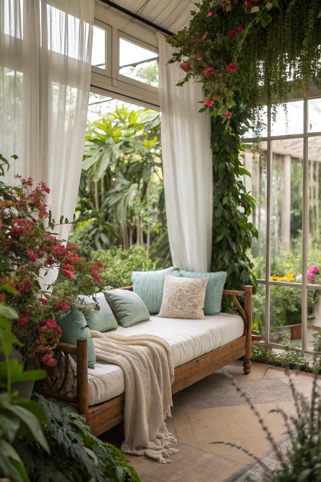 The implementation of flora introduces a revitalizing element to the daybed environment.