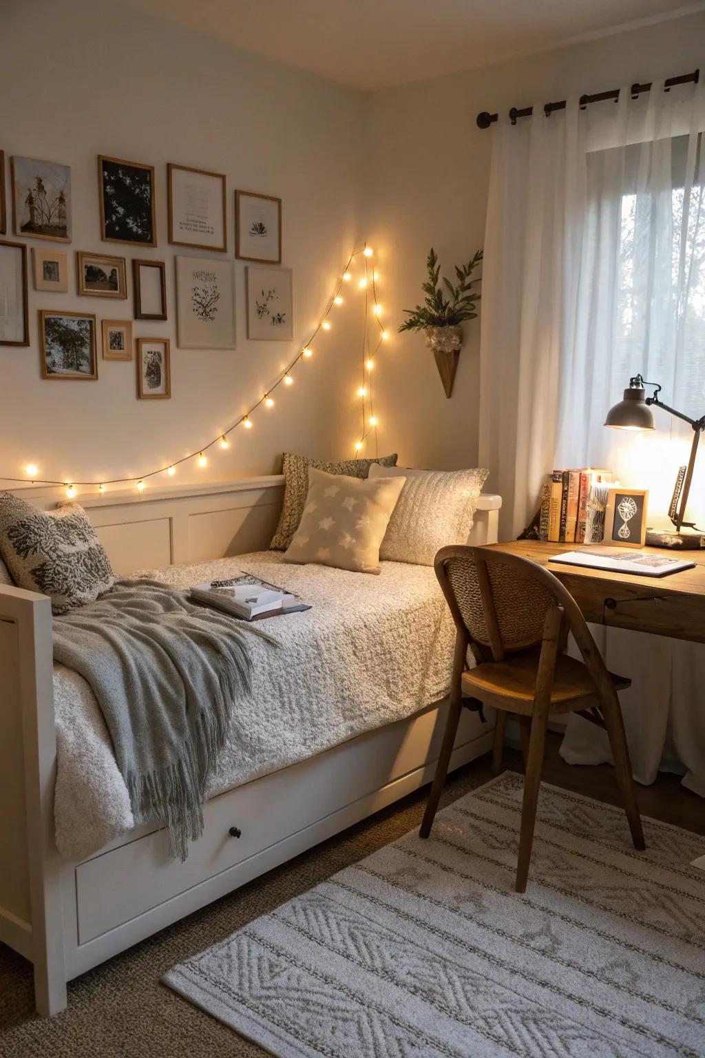 Accent illumination adds warmth and focuses attention on key areas in the space.