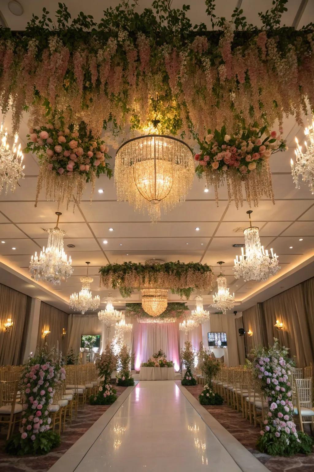 Stunning ceiling decor introducing a wow element to a wedding venue.