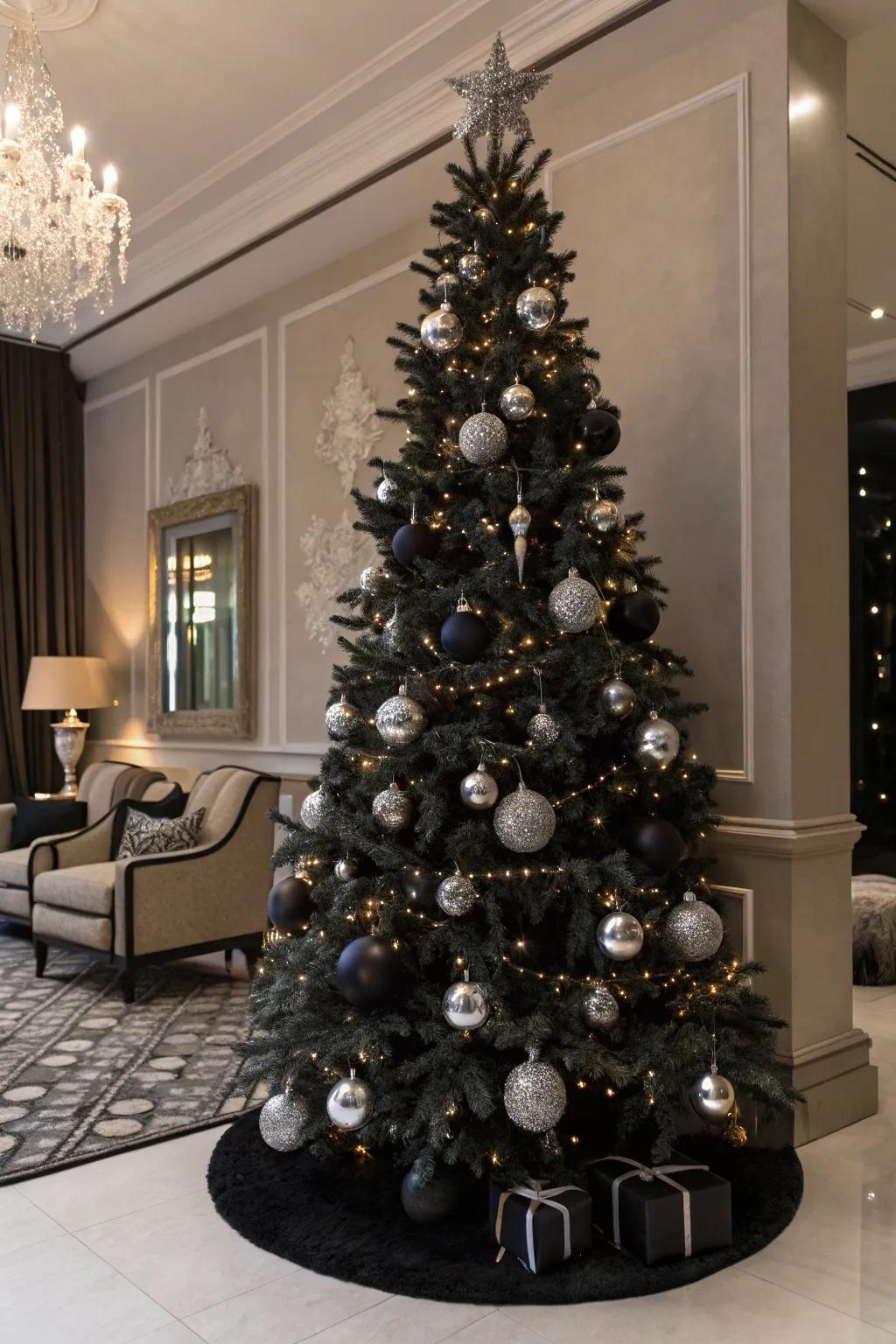 A monochrome-themed ebony Christmas tree.