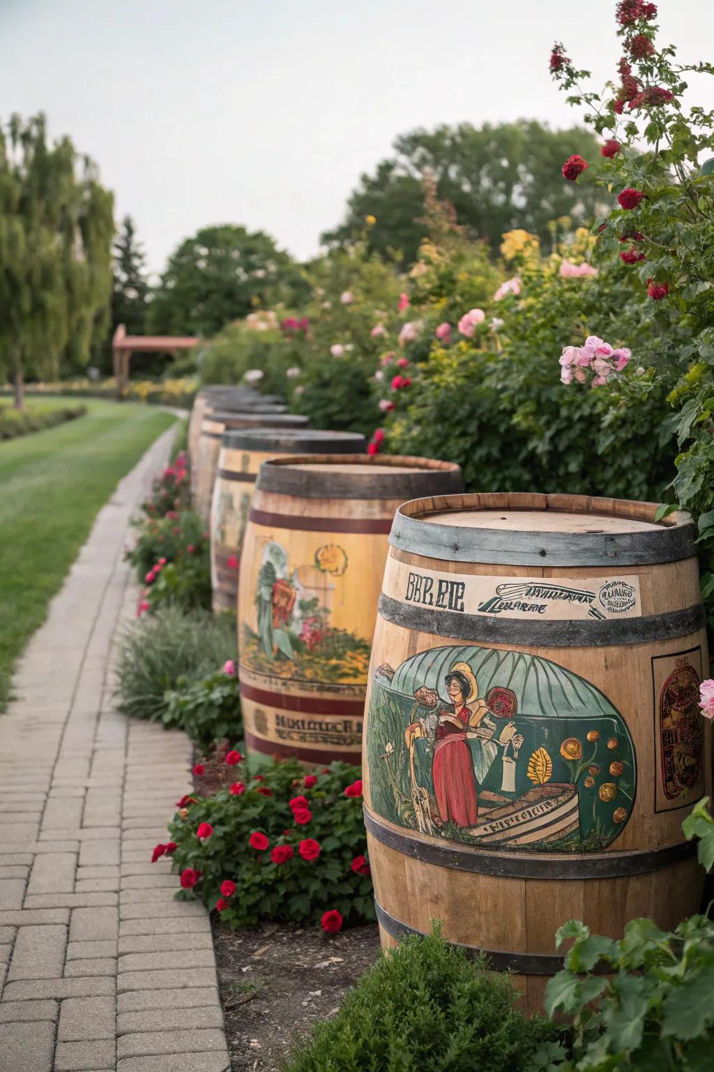 Barrels painted with vintage advertising themes
