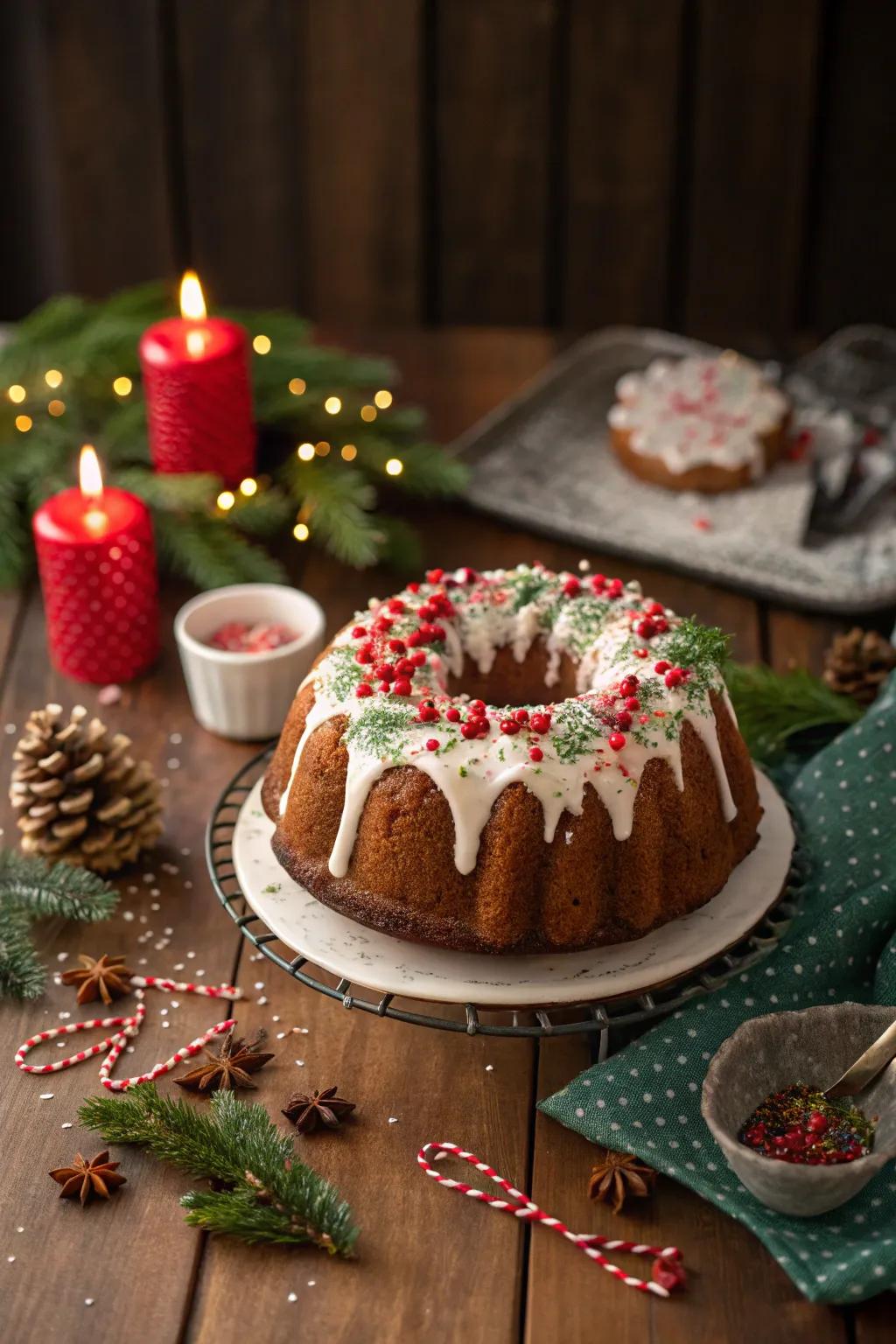 A holiday-themed ring cake featuring celebratory embellishments.
