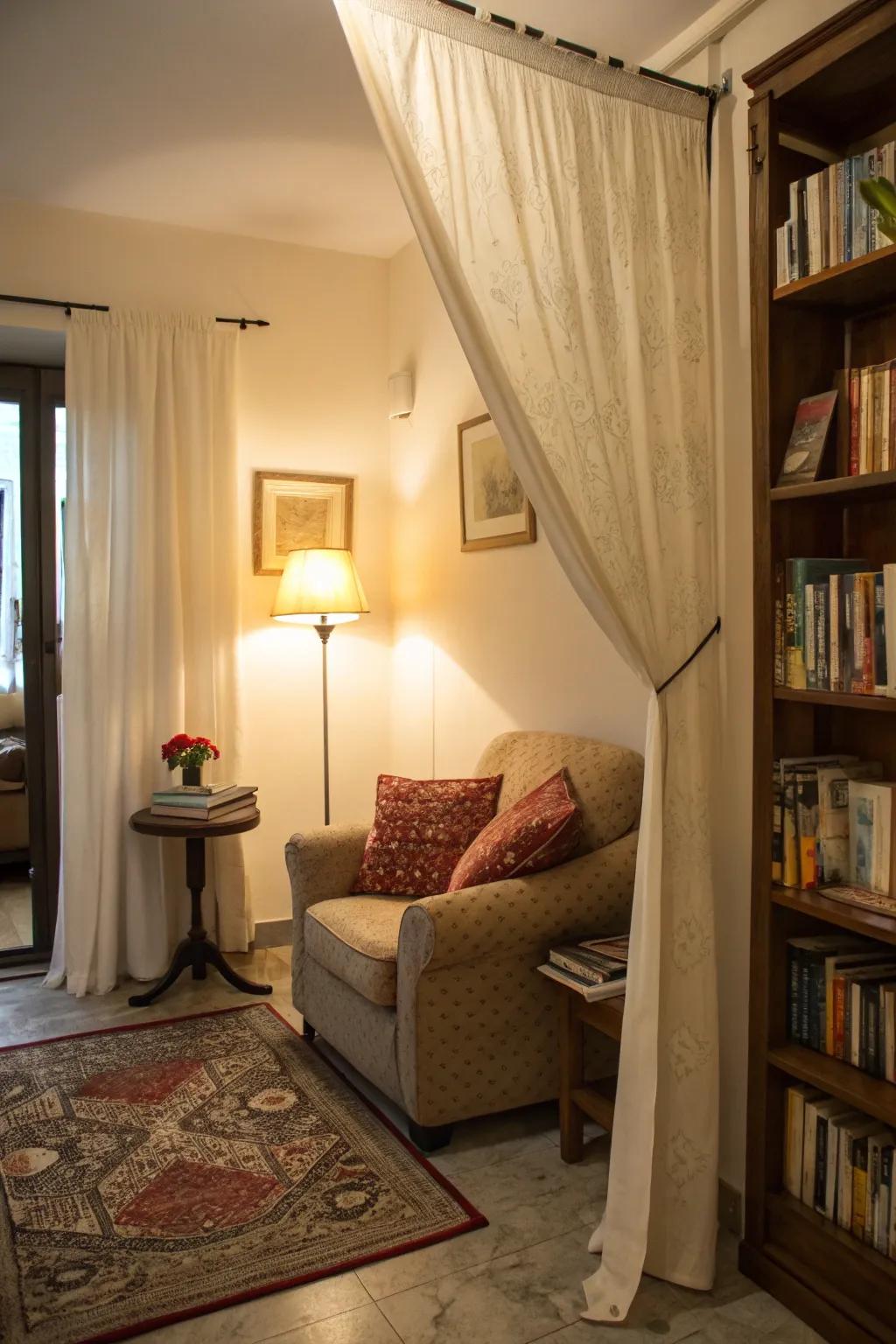 Drapes define spaces while sustaining an open feel.