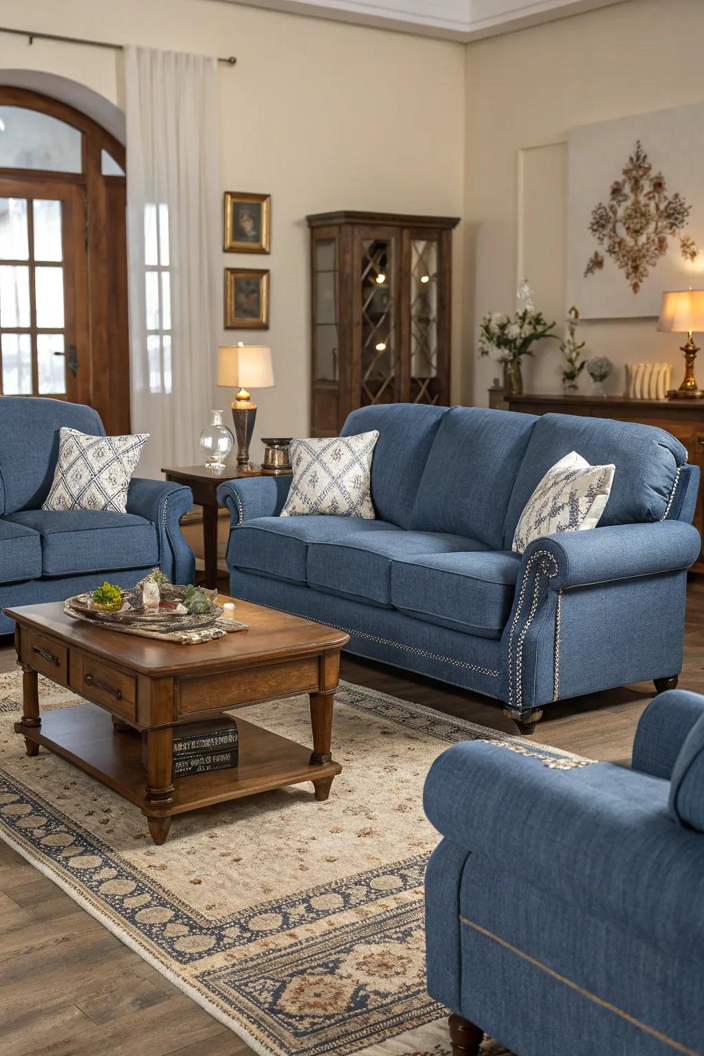 Symmetrical furnishing setup enhances a horizon hue couch.