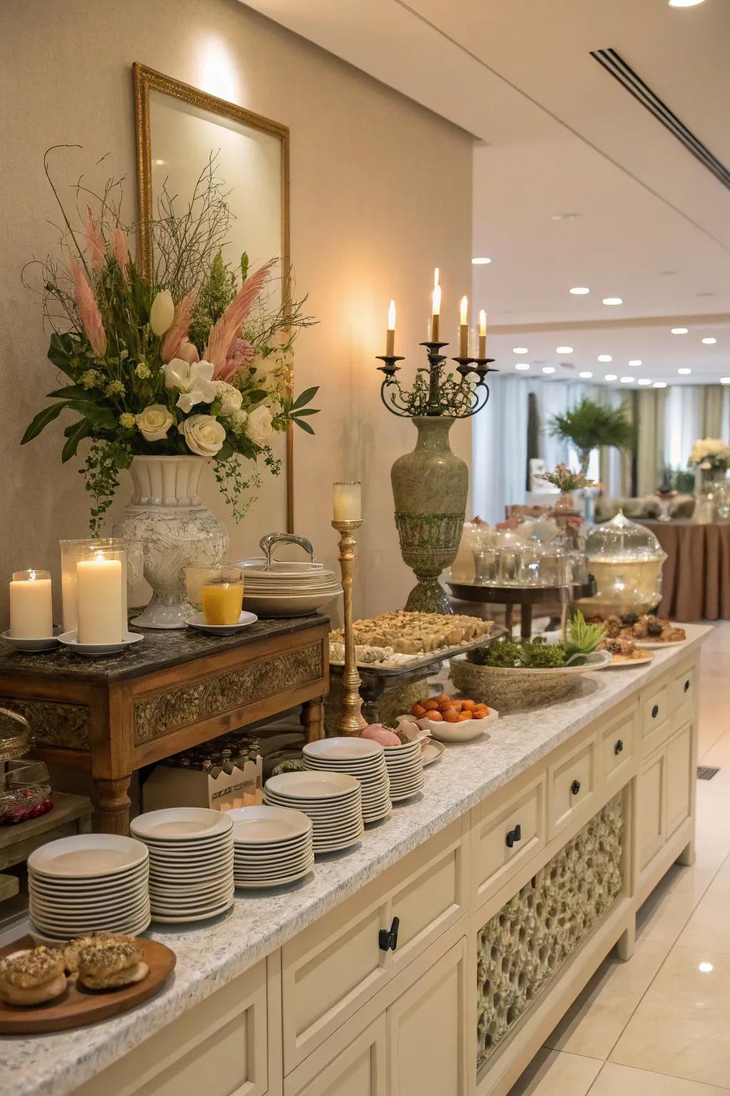 A consistent color theme produces a harmonious and cohesive buffet decor.