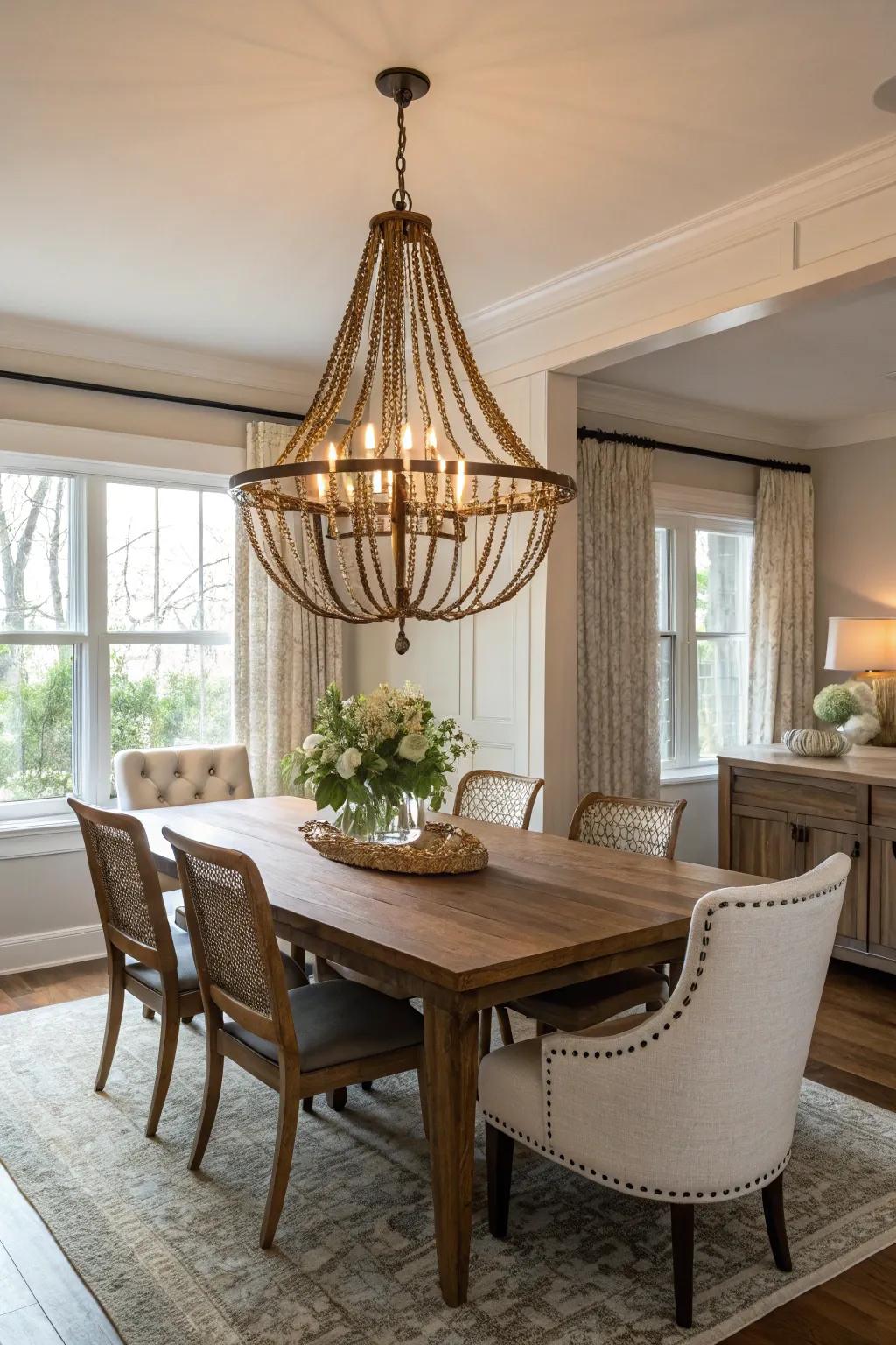 Artistic elegance with an organic-shaped chandelier.