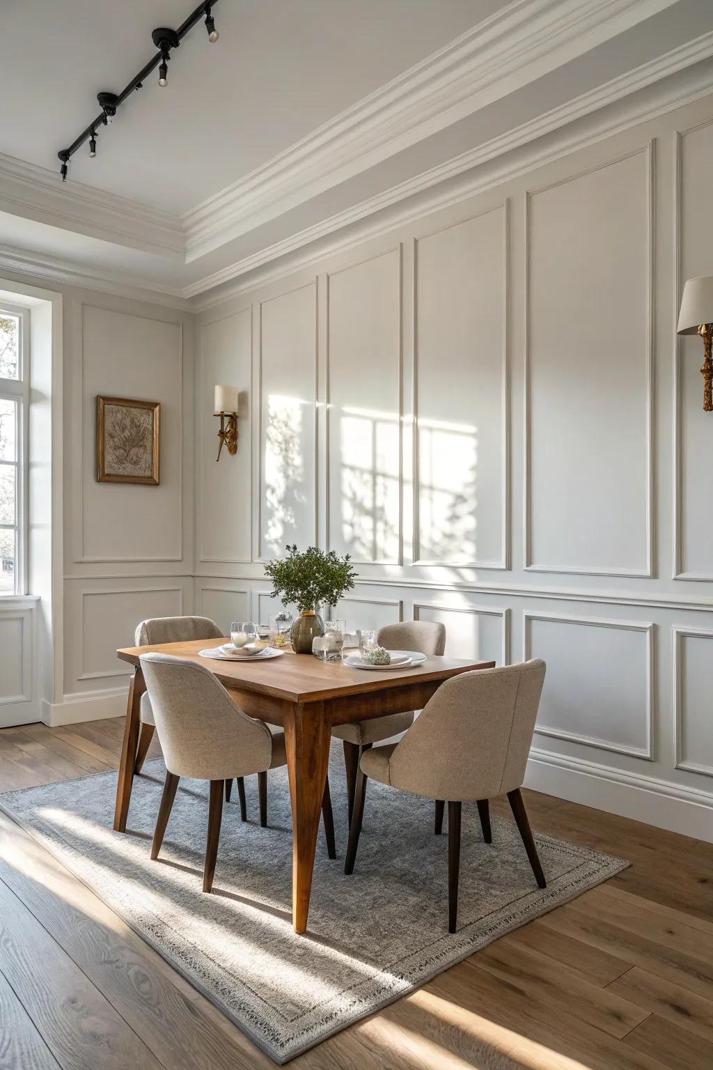Minimalist wainscoting enhances the modern aesthetic with smooth borders.