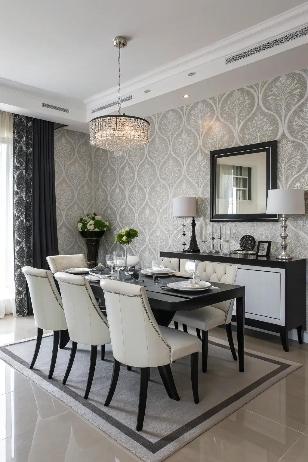 Monochrome wall covering brings smooth elegance to this minimalist dining space.