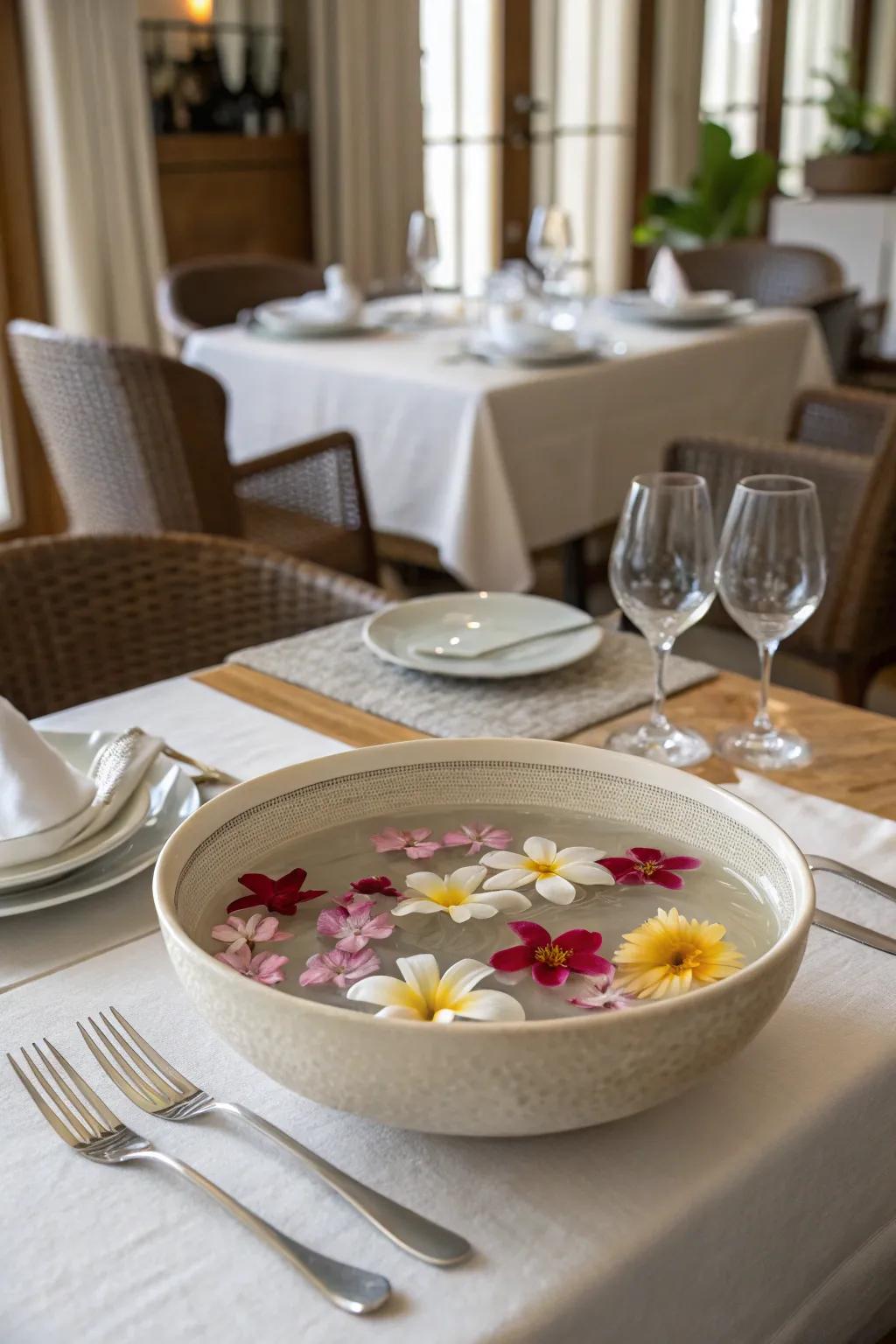 Refined beauty: Drifting blooms fashion a tranquil centerpiece.