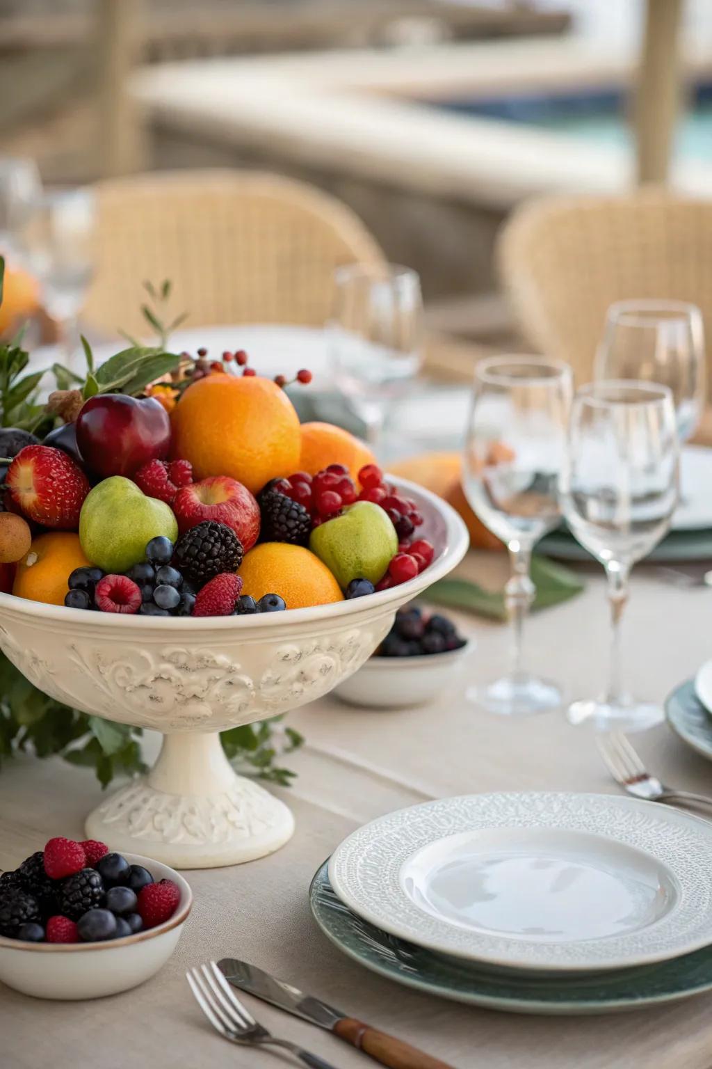 A dining table featuring a showpiece bowl packed with colorful fresh fruit.