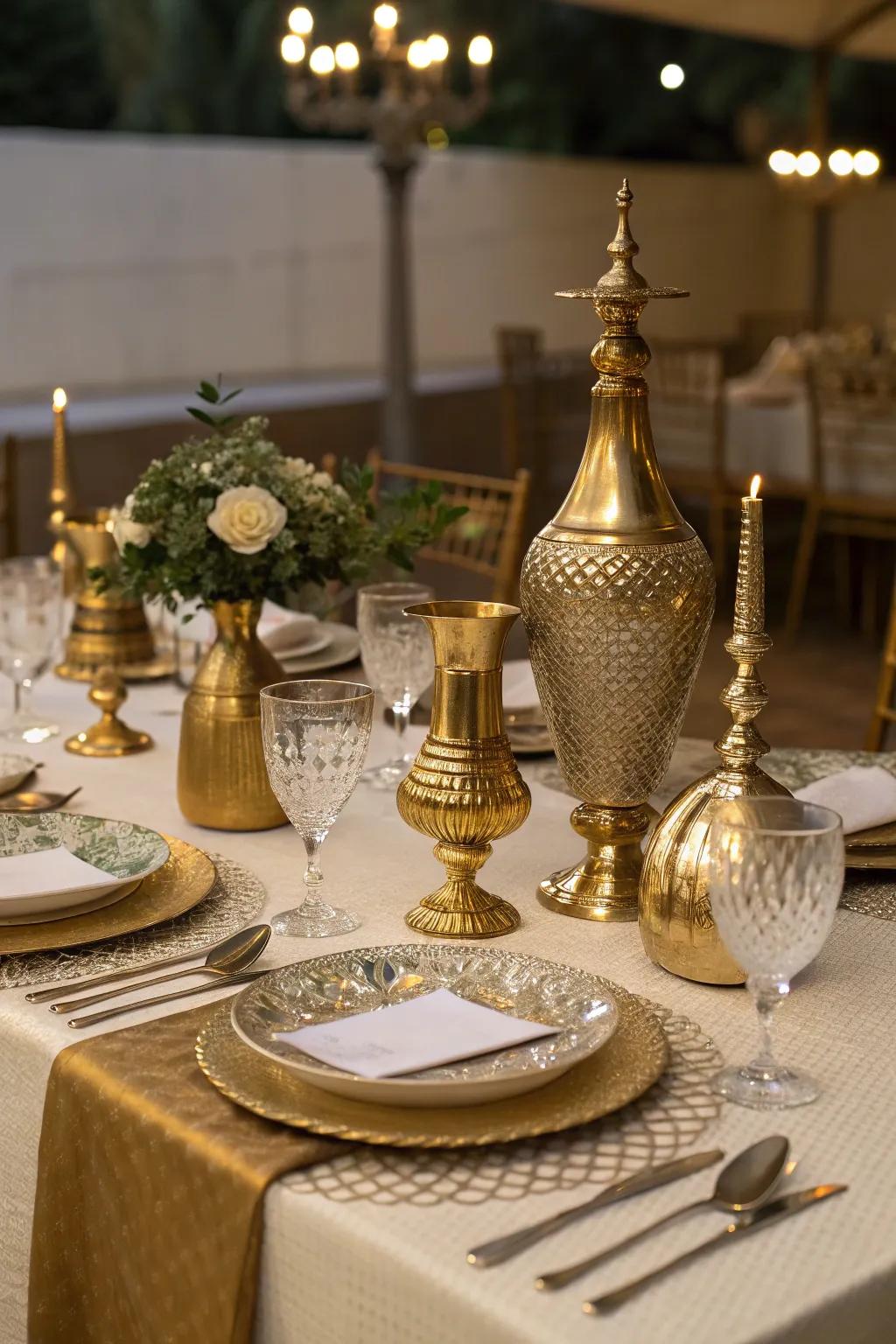 Metallic accents such as gilded vases incorporate a hint of opulence.
