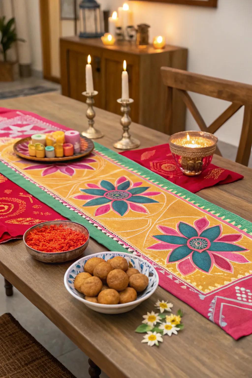 A vibrant table runner contributes a celebratory element.