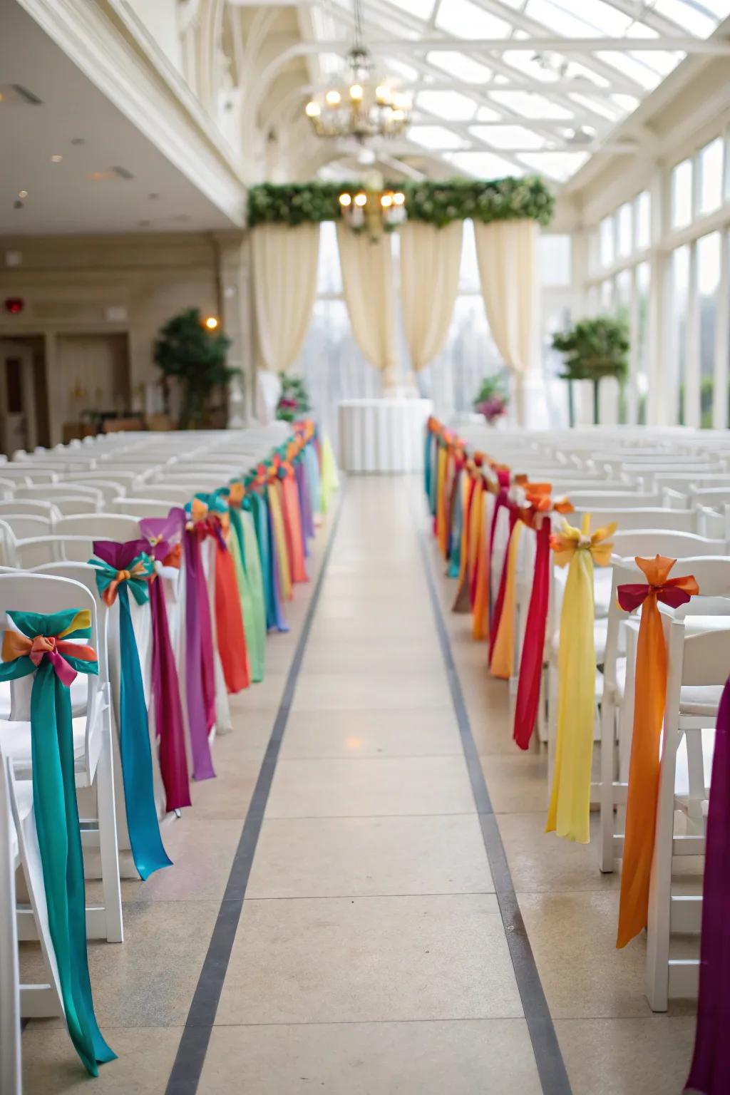 Strands on seating infuse a burst of hue and elegance into the processional.