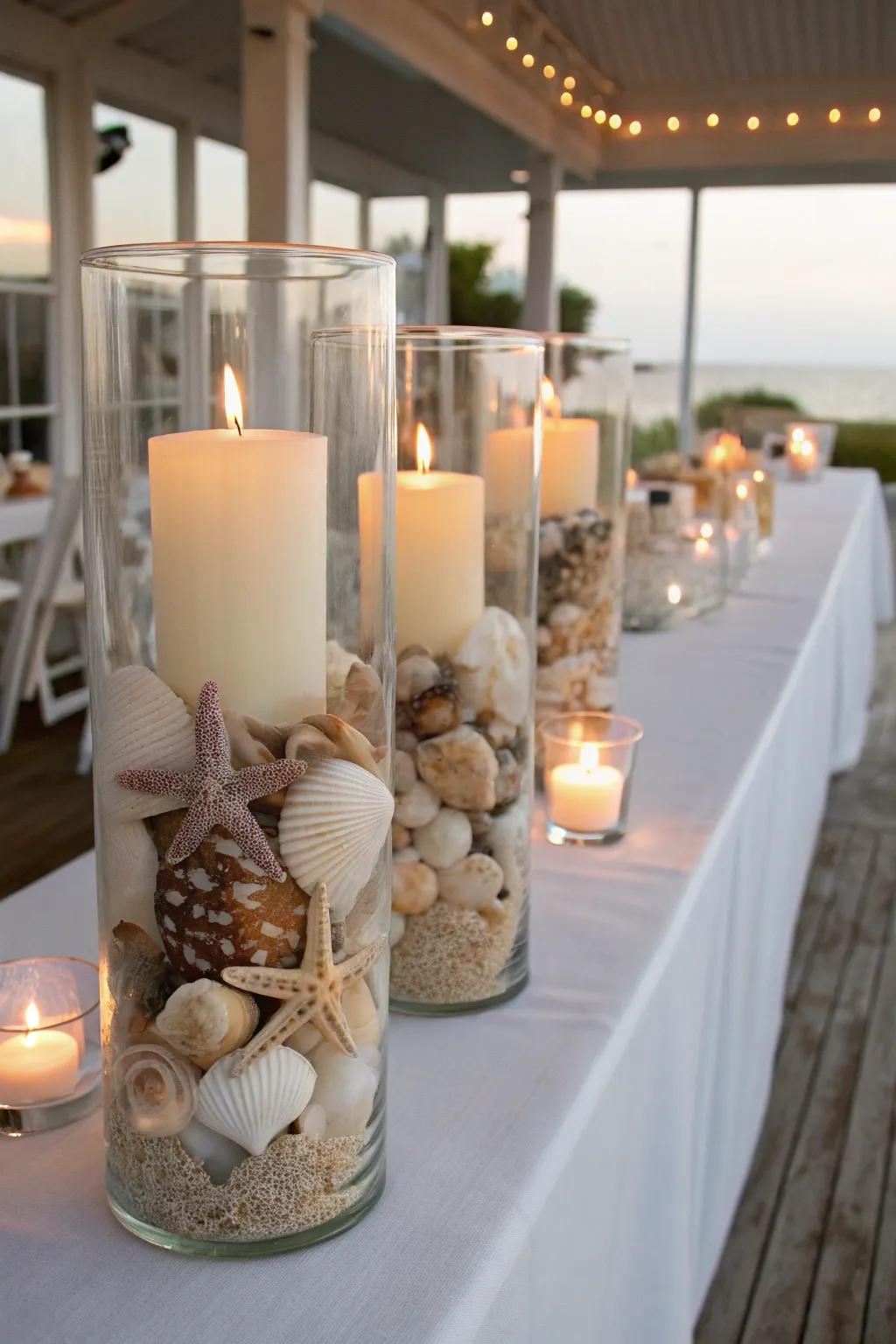 Bring the beach to your marriage using sea shell centerpieces.