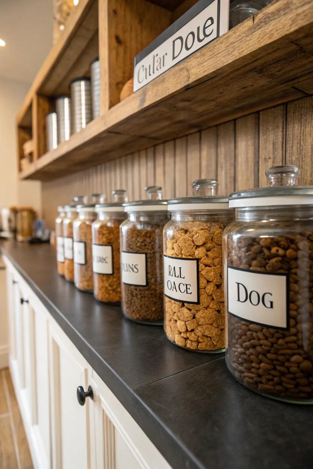 Personalized labeled jars infuse a personal touch and retain kibble freshness and organization.