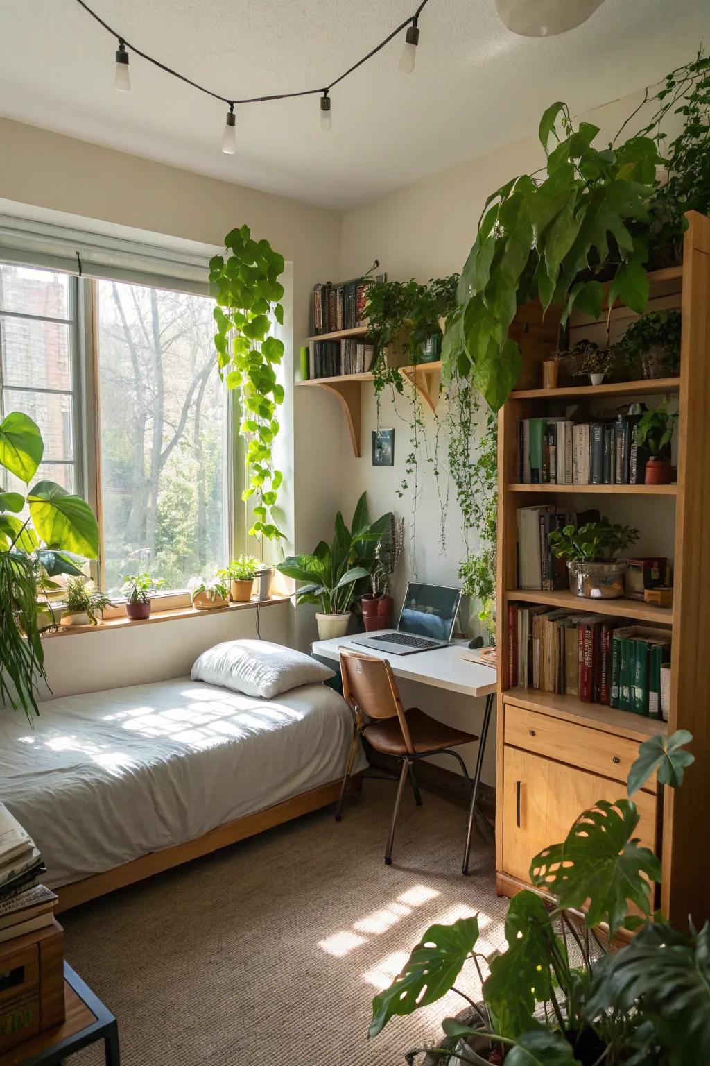 Greenery in a dorm room, giving the space vitality and freshness.