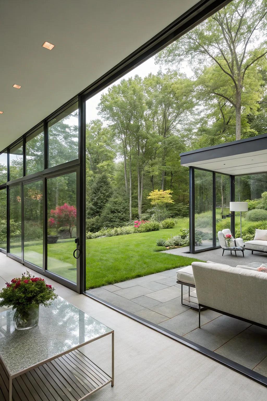 Sheer glass walls inviting natural surroundings indoors.