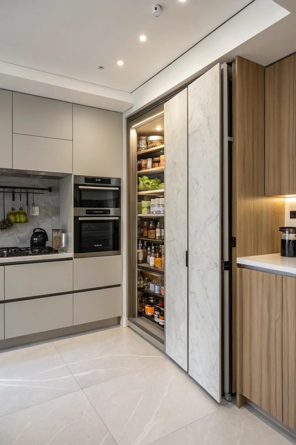 A hidden pantry that provides ample storage while maintaining a clean design.