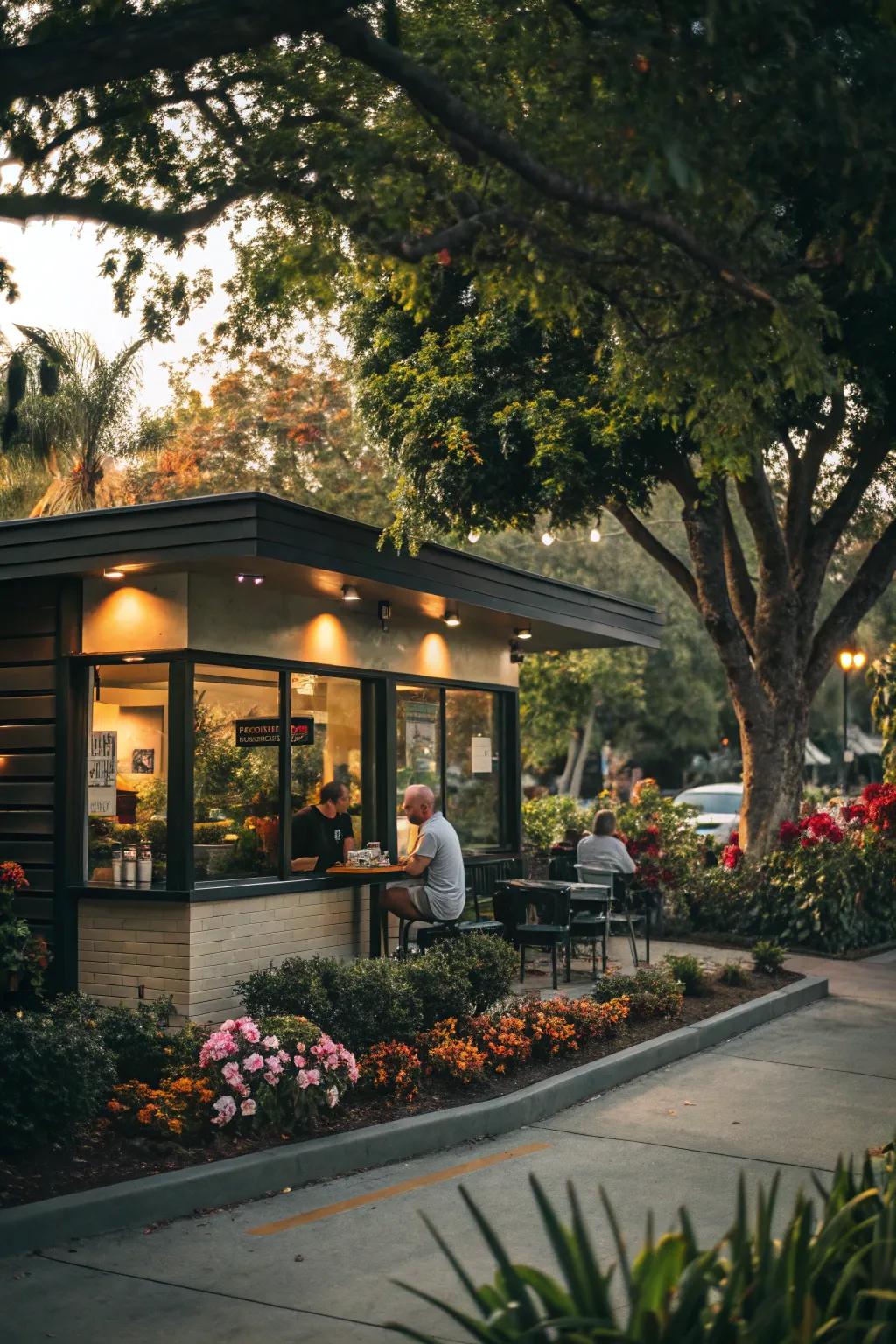 Drive-thru coffee shop with inviting verdancy that enhances the space.