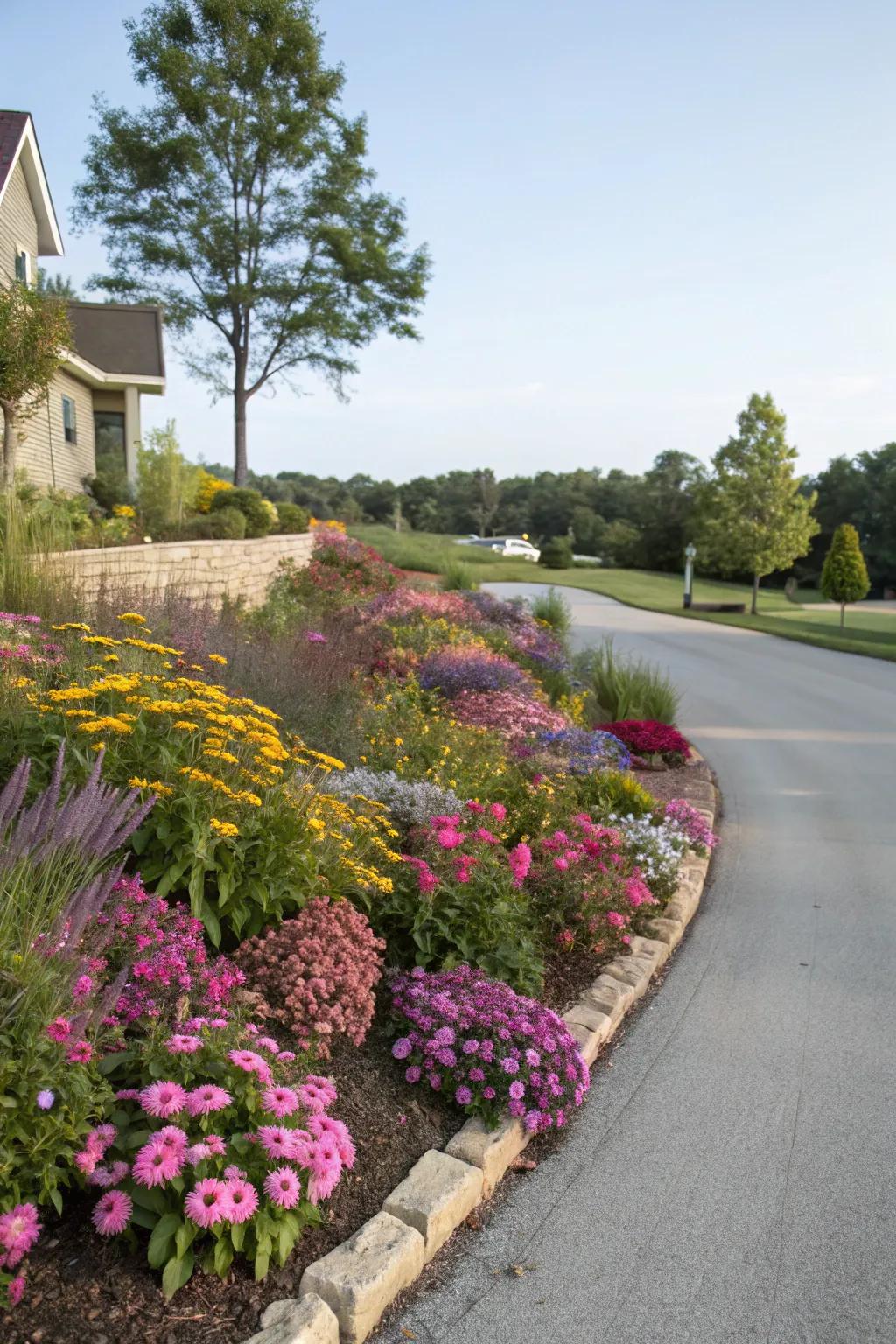 Perennials promise ongoing blooms on this berm.