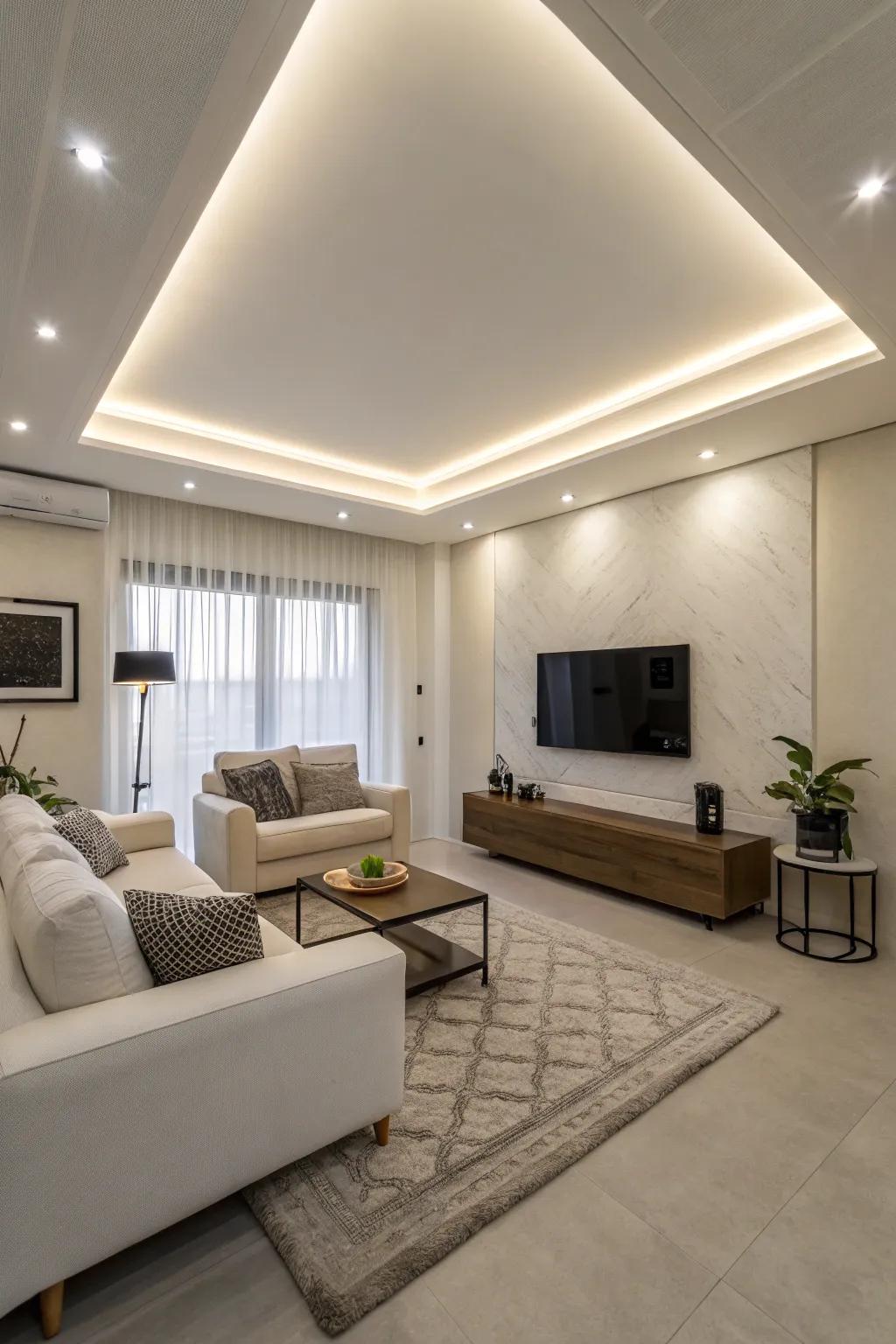Monochrome lighting highlights the pristine lines in this family room.