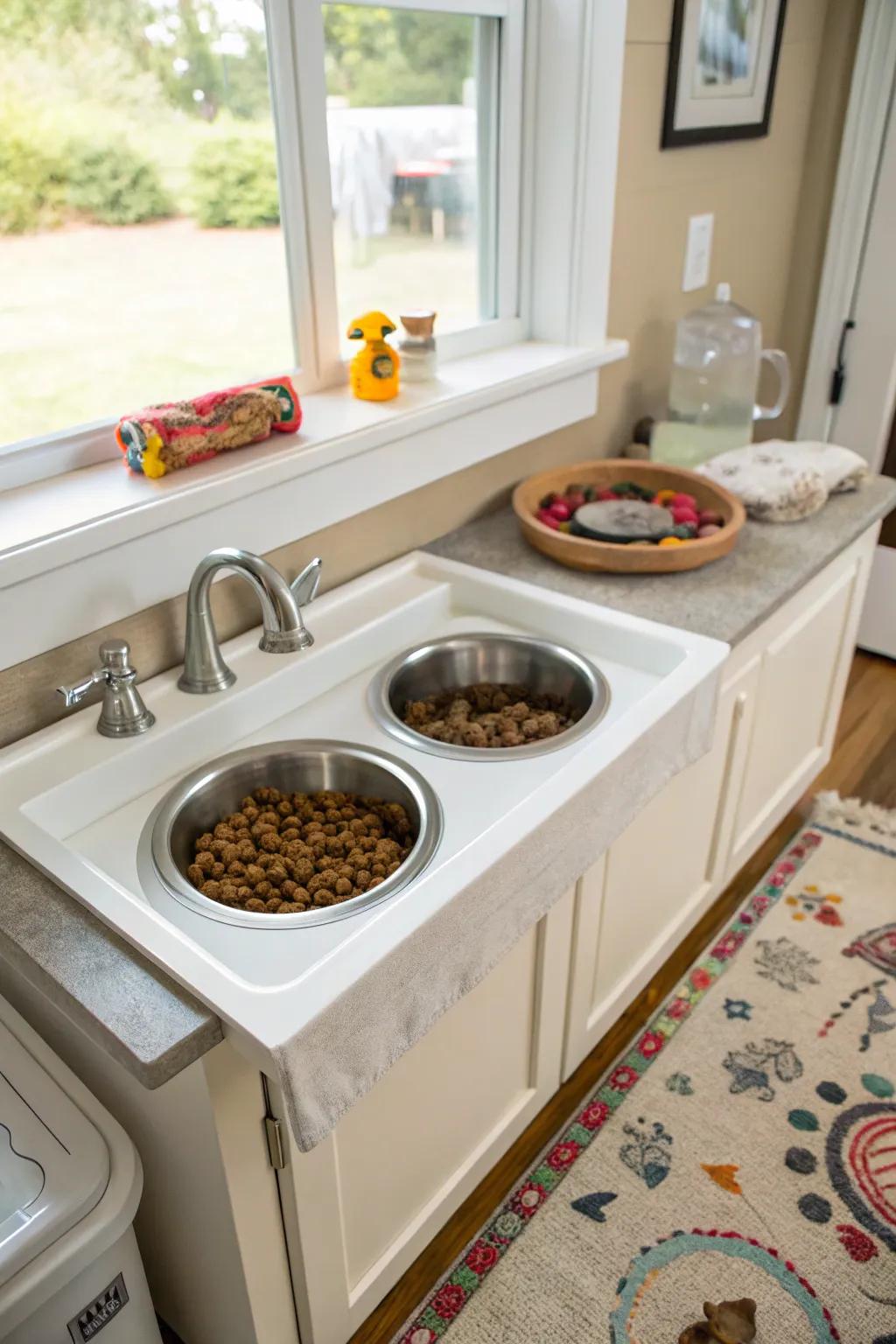 A cabinet sink transformed into a designated animal feeding place.