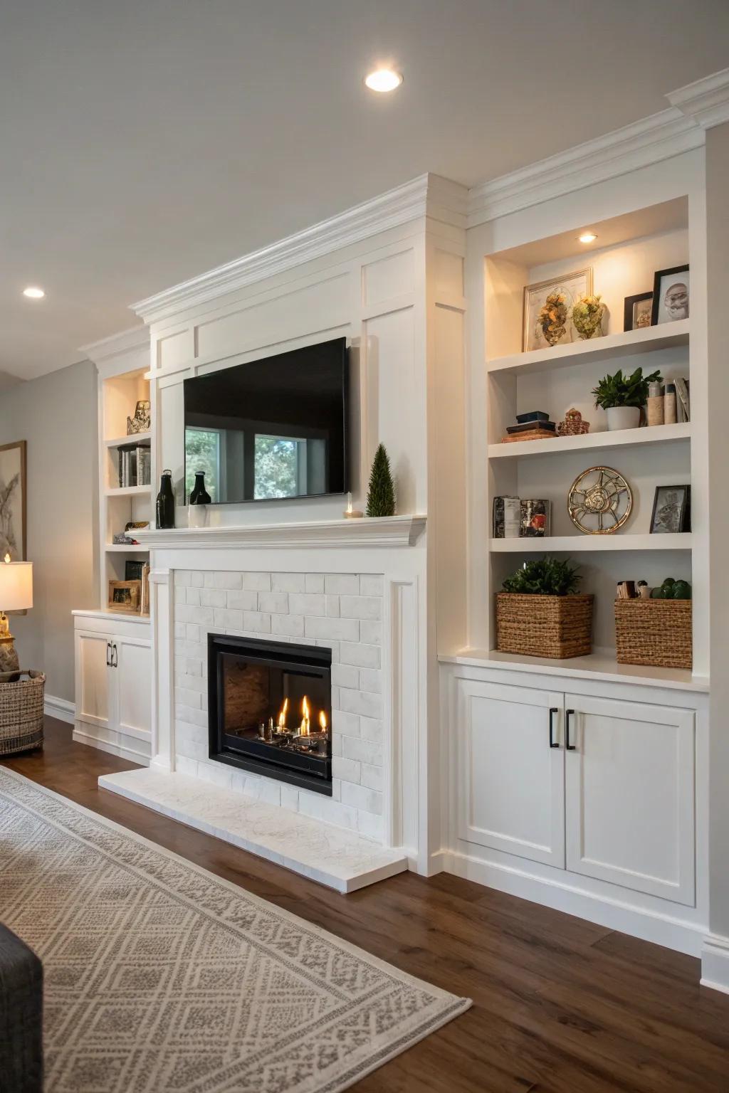 Disguised storage sustains a pristine vicinity enveloping a drywall fireplace.