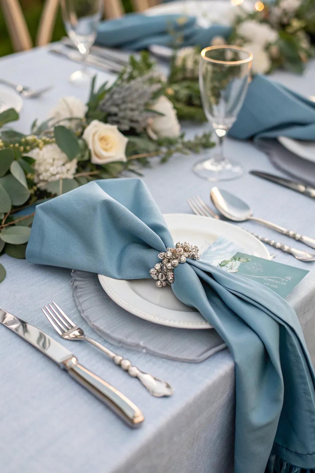 A refined counter arrangement featuring soft teal napkins that enhance the culinary enjoyment.