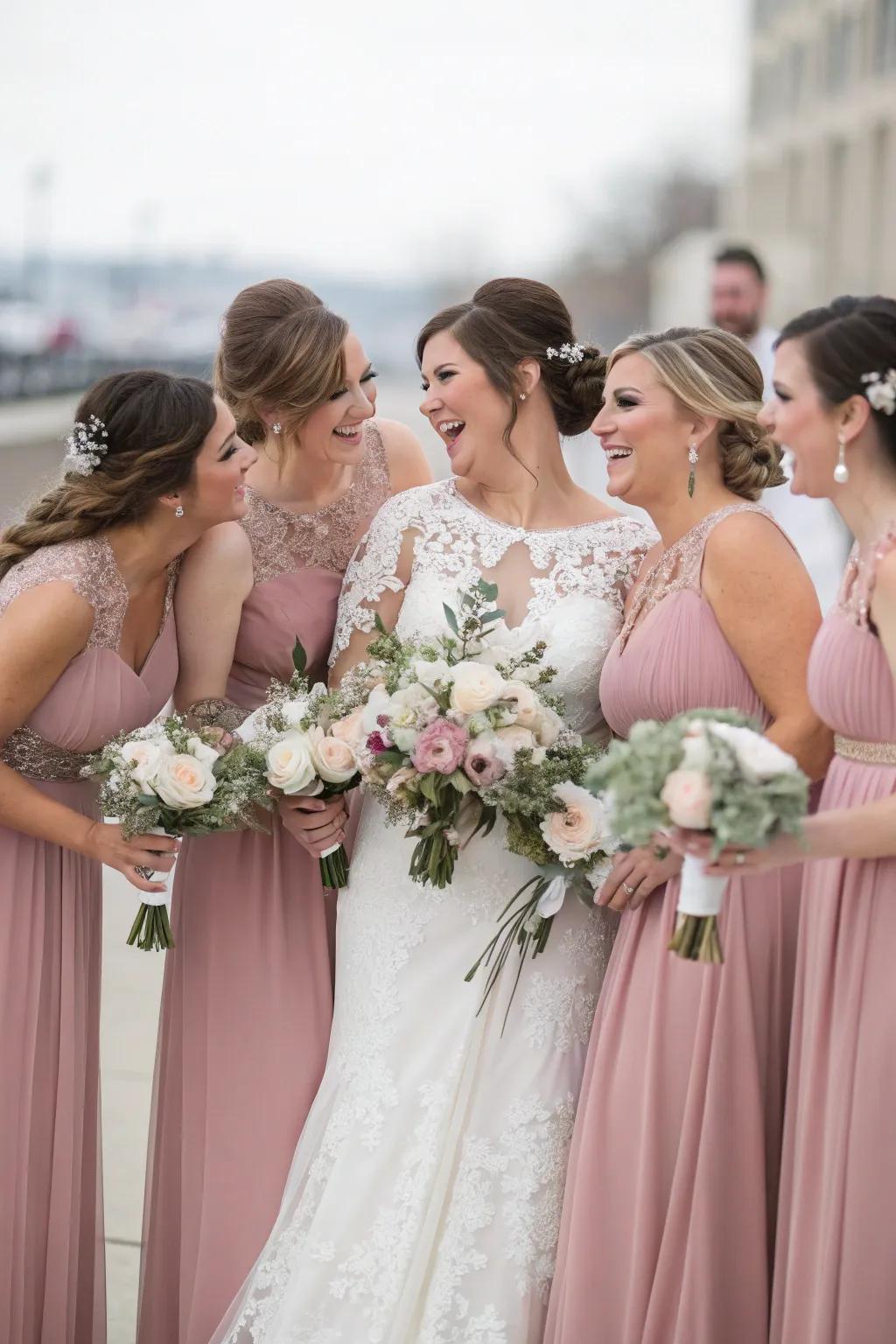 Wedding squad in graceful vintage rose attire.