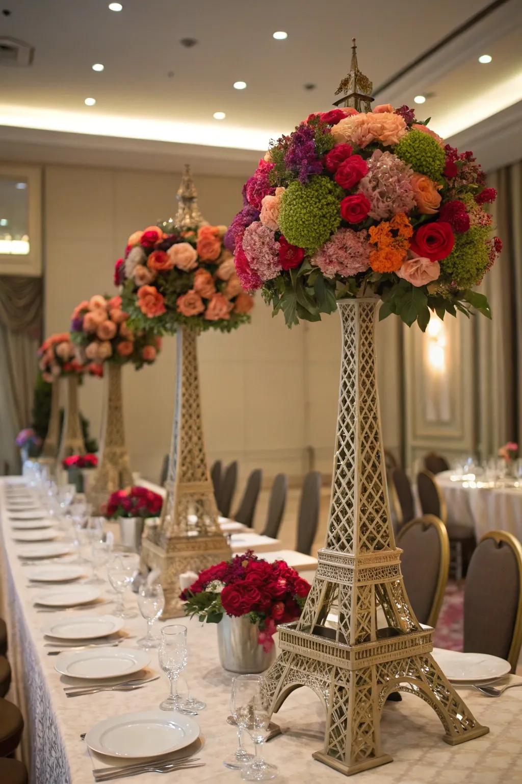 Fashion drama with gathered vase displays.