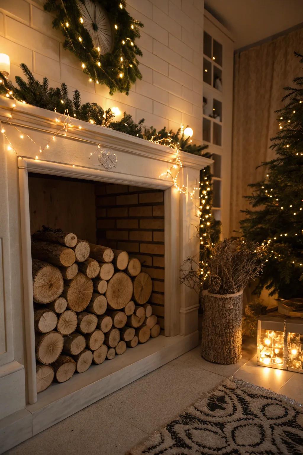 Firewood and lighting makes for a pleasant fireplace.