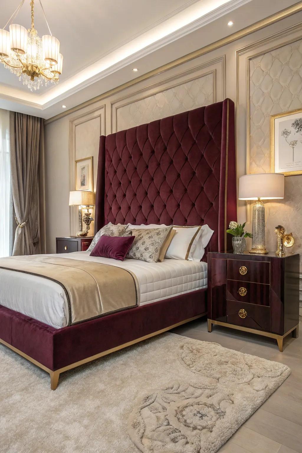 A luxurious bedroom featuring a custom-designed velvet headboard.