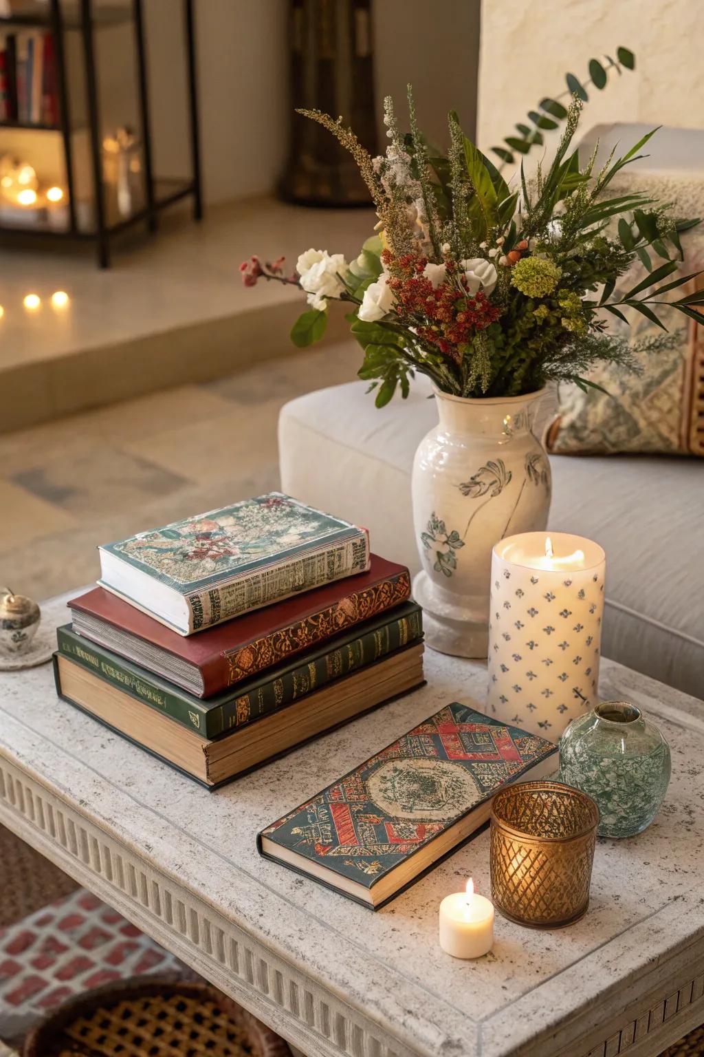 Books with beautiful covers lending artistry to a side table.