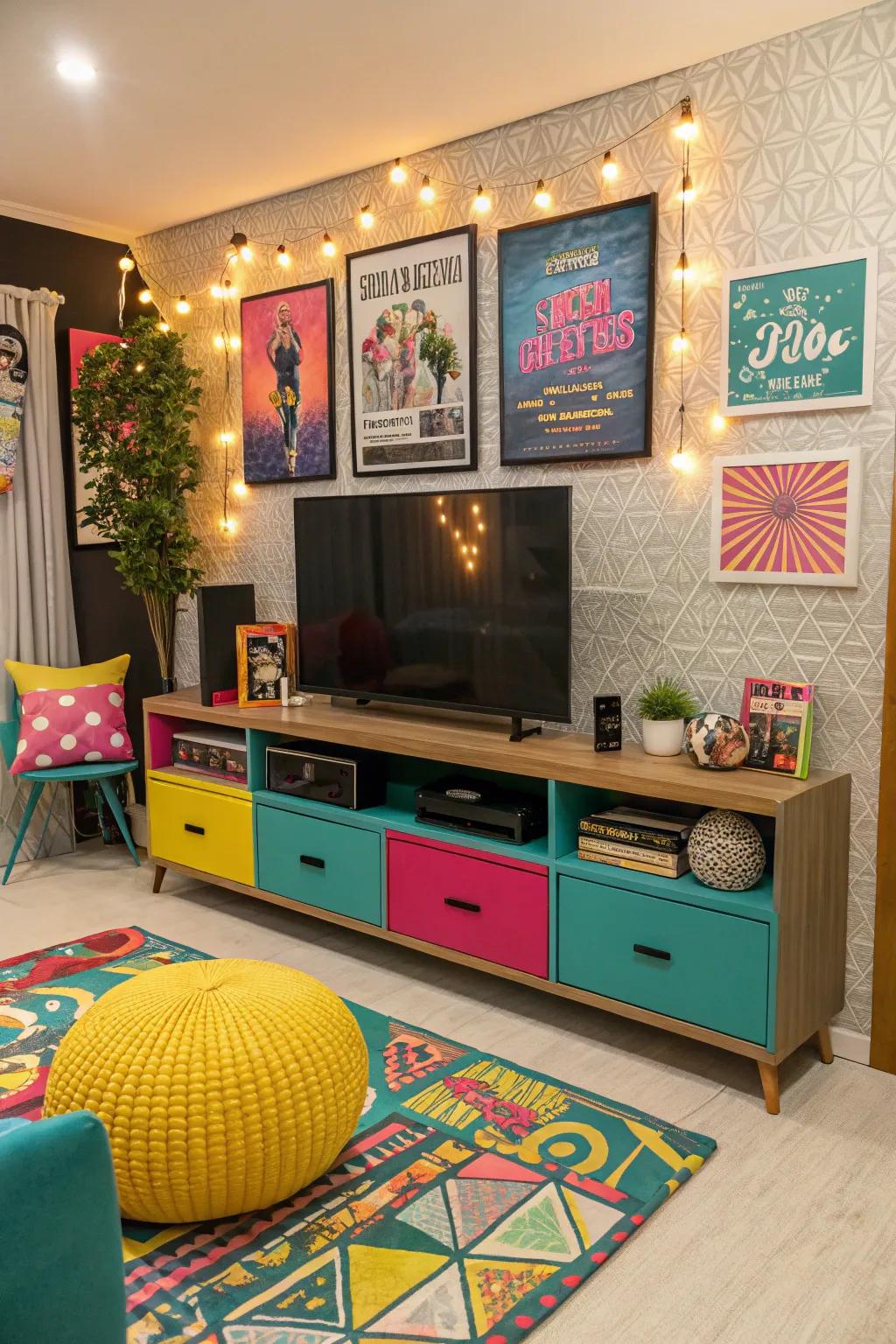Vivid decor components introduce a burst of color into this entertainment space.