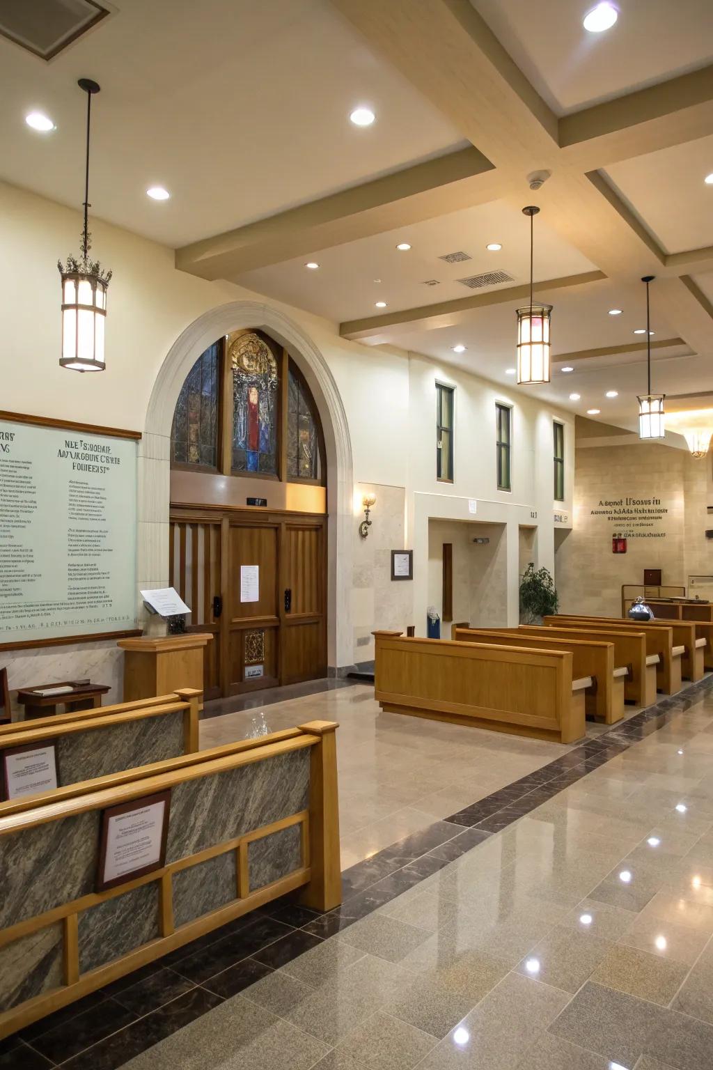 Distinct zones enhance practicality in the church foyer.