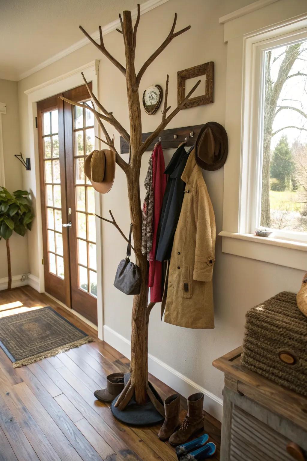 A coat hanger made from a tree branch is inspired by nature and adds character.