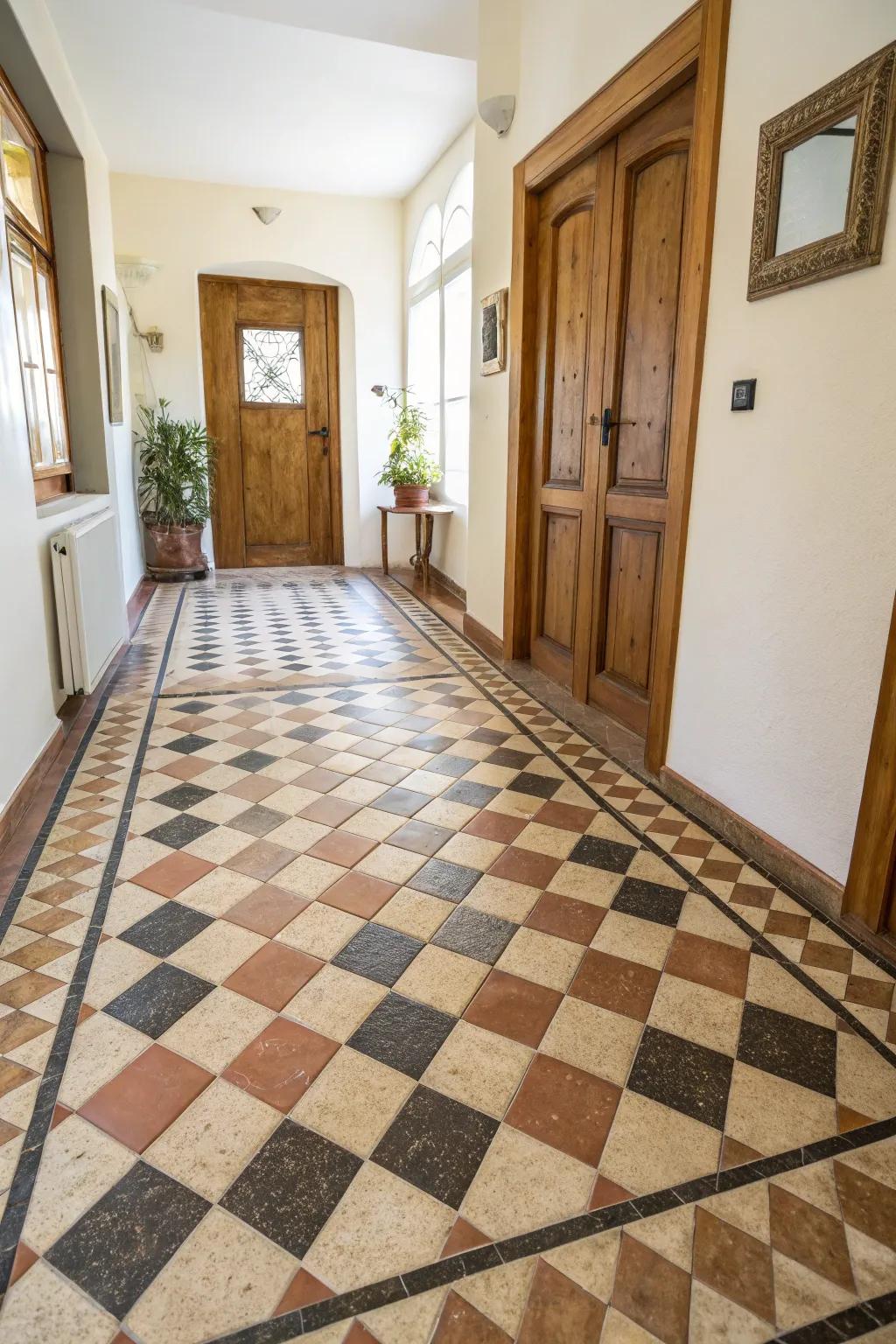 Dual-tone tiles contribute a dynamic visual element to the entryway.