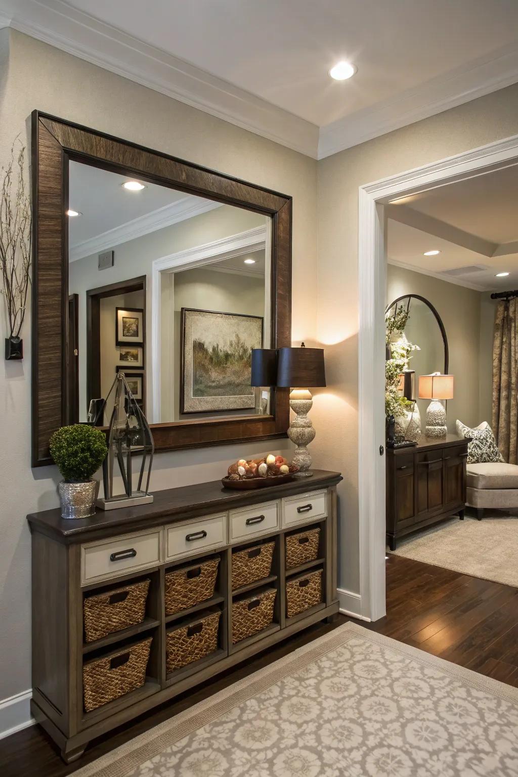 A concealed storage mirror offers a smart and stylish solution for small entryways.