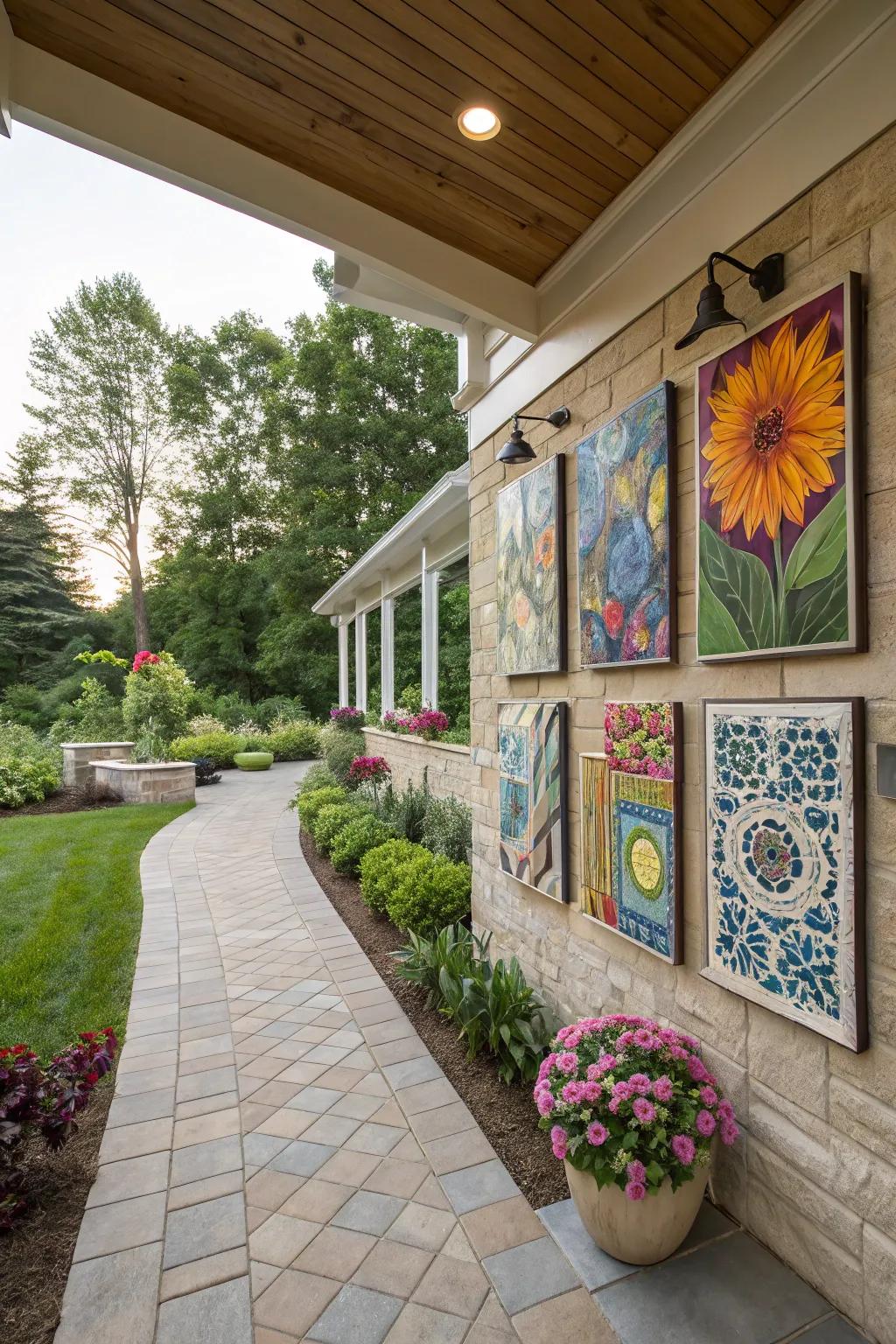 Add character with an outdoor art display on your patio wall.