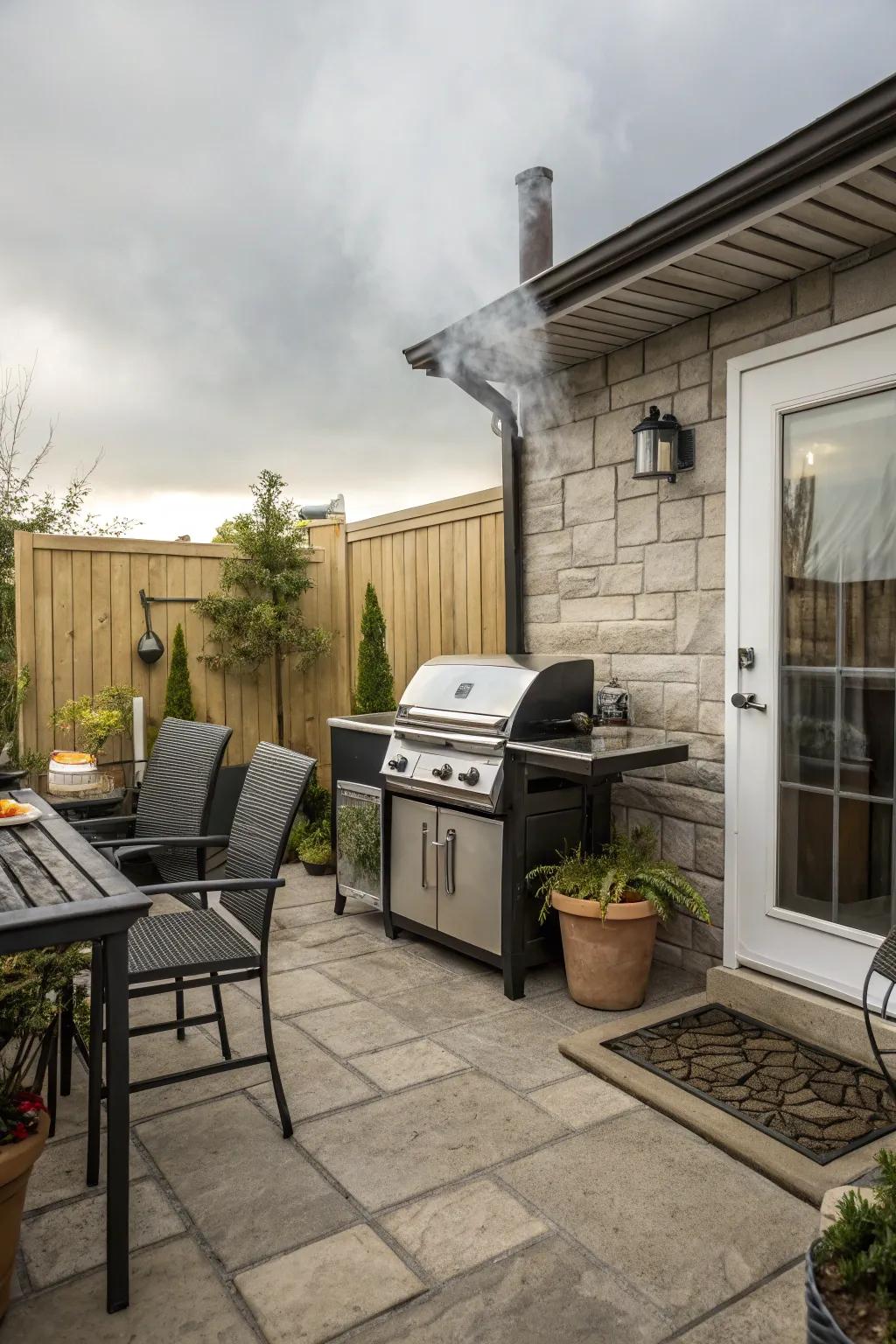 An exterior barbecue station ready for summer cookouts.