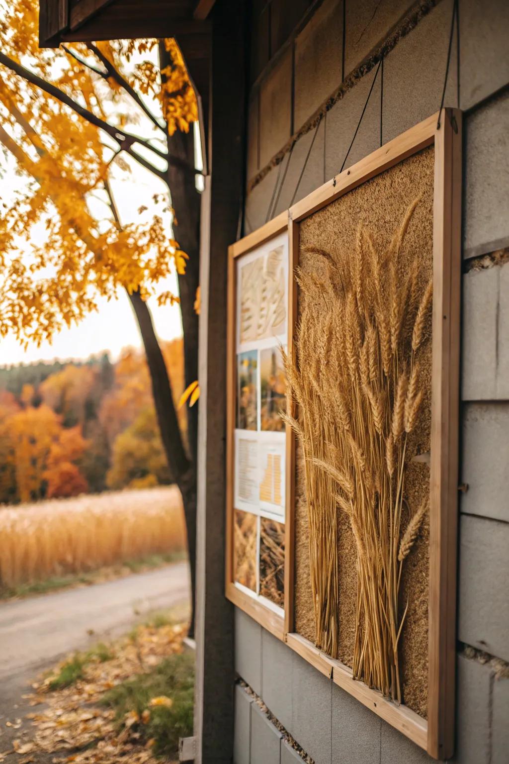 A gilded harvest-themed display board with grain and barley.
