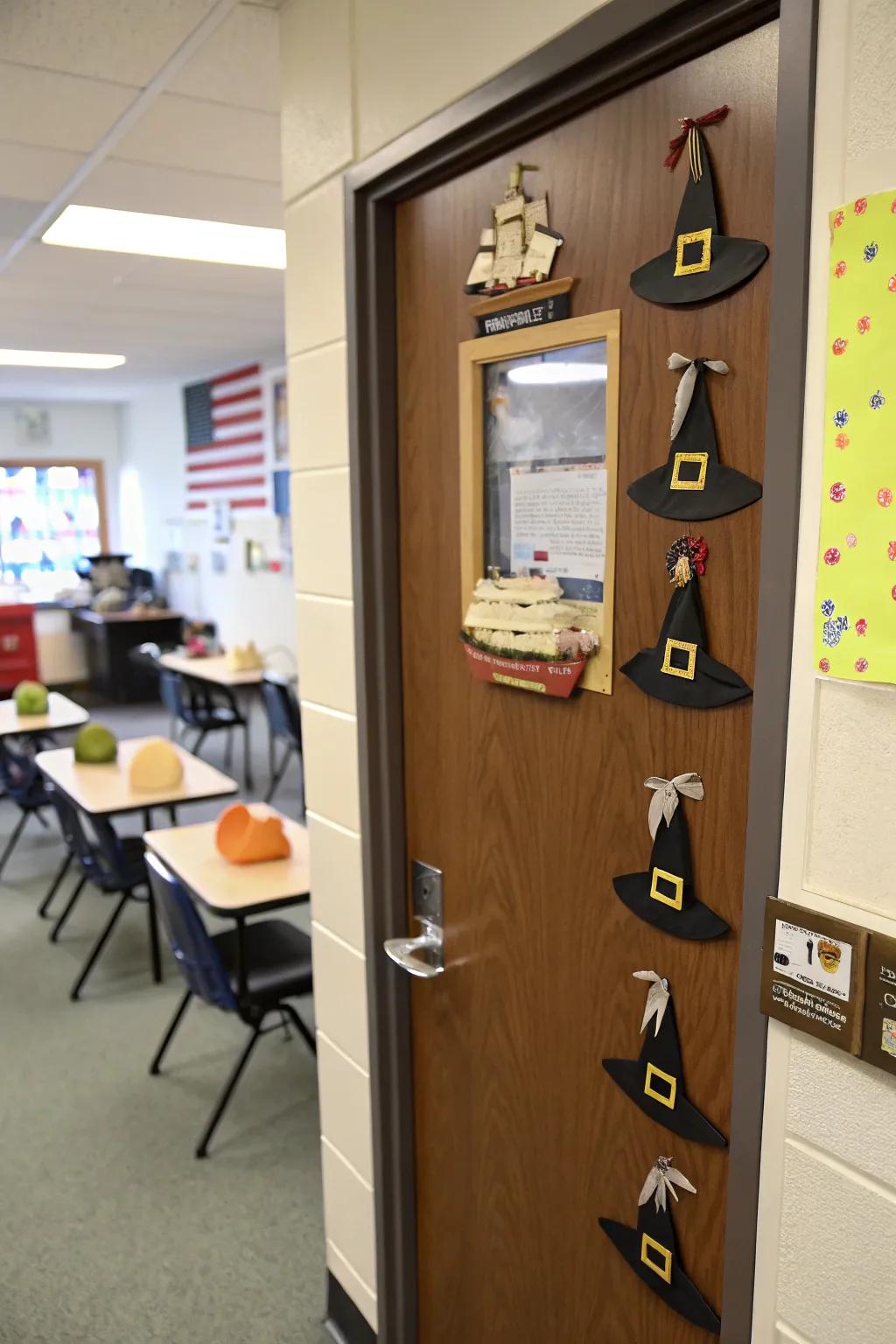 A pioneer-centered door adorned with historical aspects.