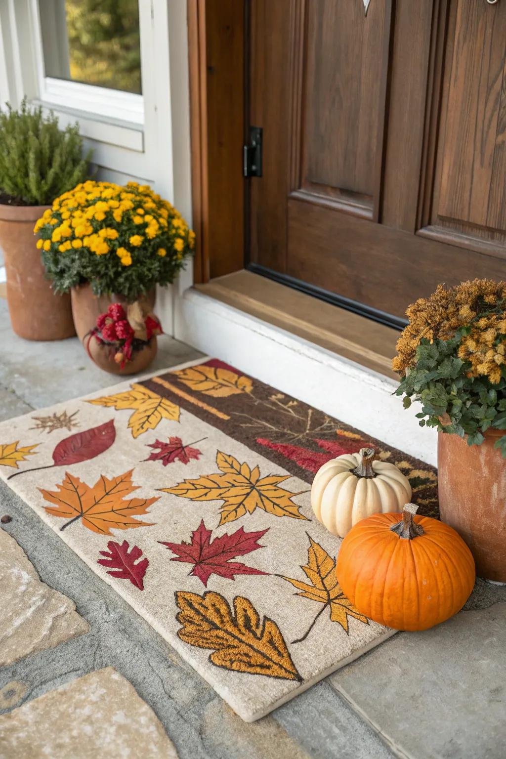 A celebratory landing mat welcomes visitors to a fall-themed house.
