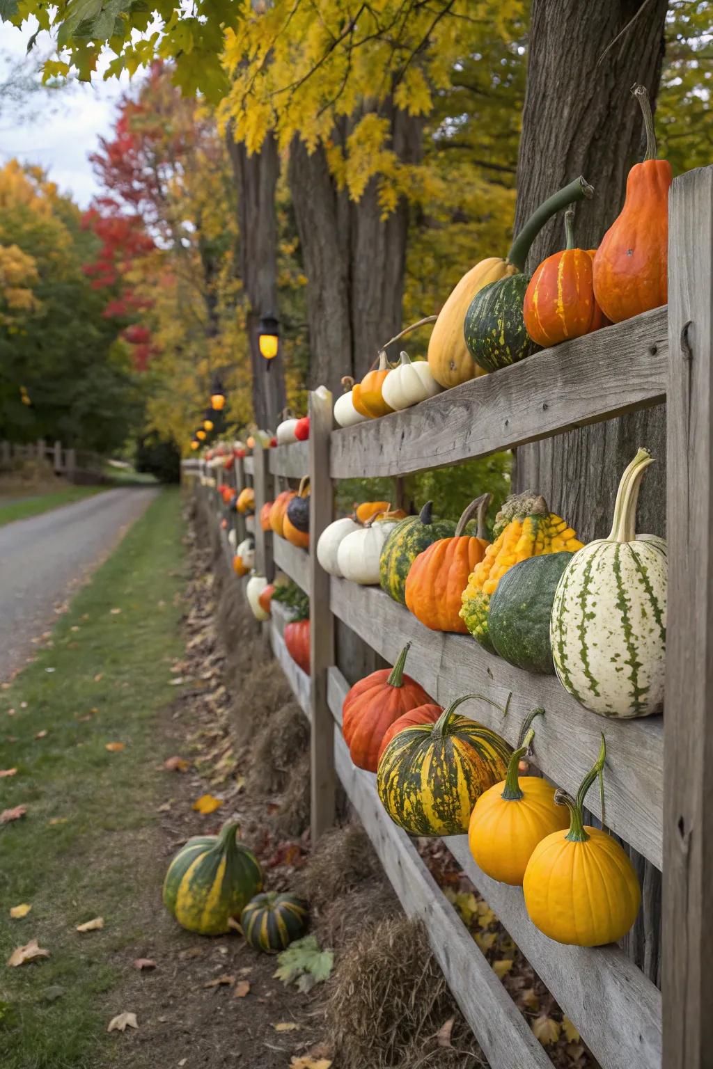 An assortment of gourds crafts a vibrant spectacle alongside the fence.