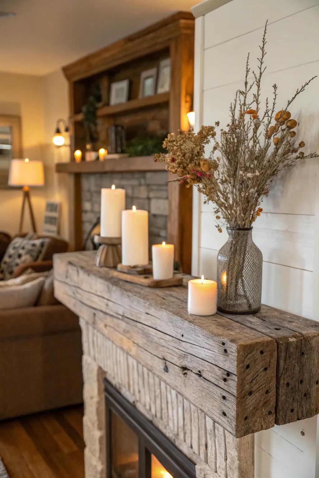 An autumnal fireplace featuring countryside wooden accents.