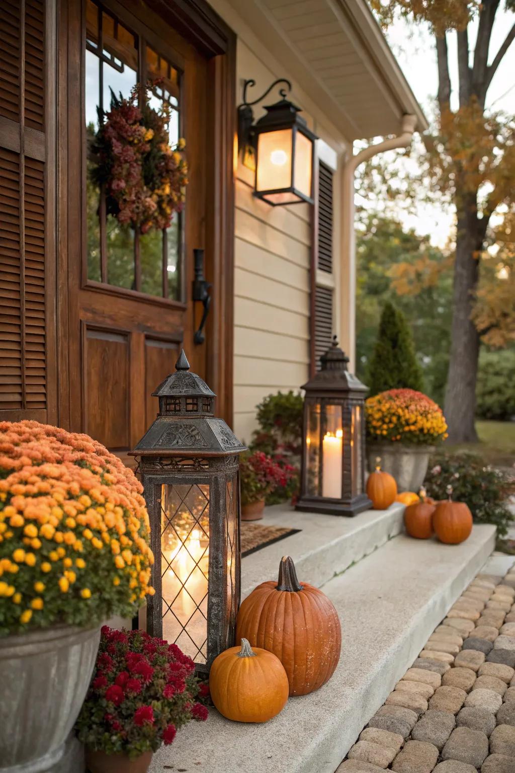 Retro lamps add a welcoming, warm glow to your fall porch arrangement.